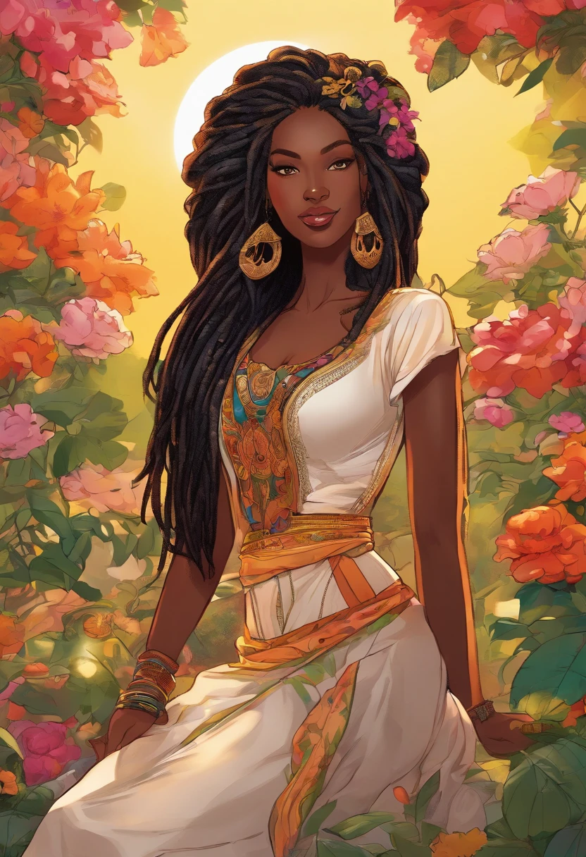 (a girl,a woman,a lady) with (ebony,black) (skin,complexion) and (long, flowing) (black, dark) (dreadlocks, hair), (beautiful detailed eyes,beautiful detailed lips,extremely detailed eyes and face,longeyelashes). She is (standing,sitting) in a (lush, vibrant) garden surrounded by (colorful, blooming) flowers. She is wearing a (colorful, flowing) dress, and her (graceful, elegant) posture exudes confidence and (femininity, strength). The sunlight gently illuminates her face, casting a soft and (warm,golden) glow. The scene is (realistic,photorealistic:1.37) and (best quality,highres), with (vivid,rich) colors and (sharp,defined) details.
