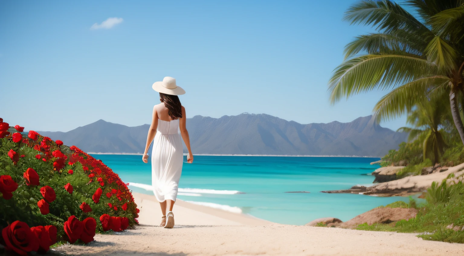 beautiful woman strolling, coral sea, red roses, delicate scene