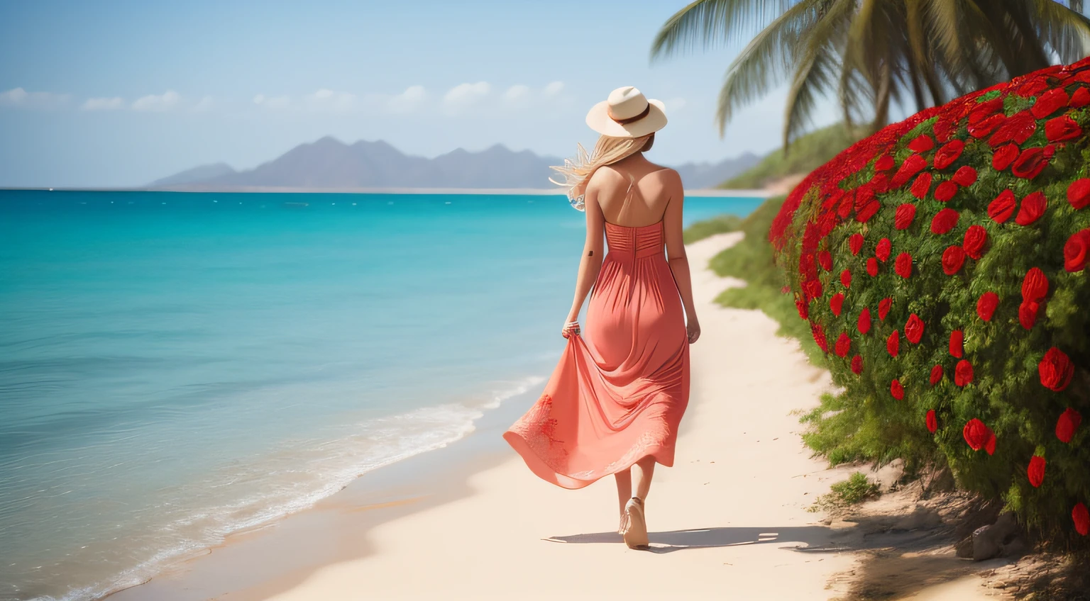 beautiful woman strolling, coral sea, red roses, delicate scene