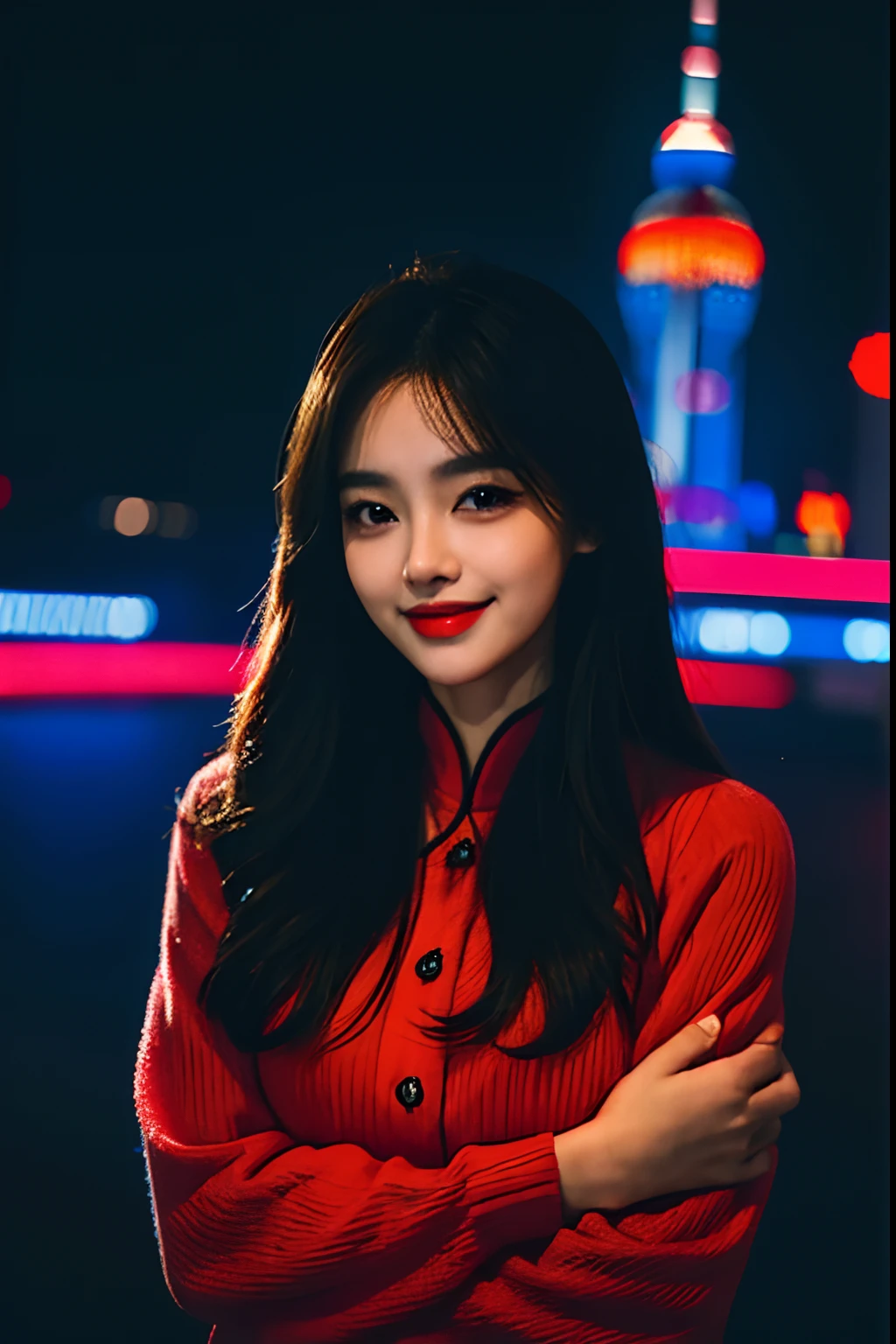 1girl, shanghai night, night, cityscape, city lights, upper body, close-up, 8k, RAW photo, best quality, (masterpiece:1.4), realistic, photo-realistic, (closed smile:1.2), kpop idol makeup, soft smile