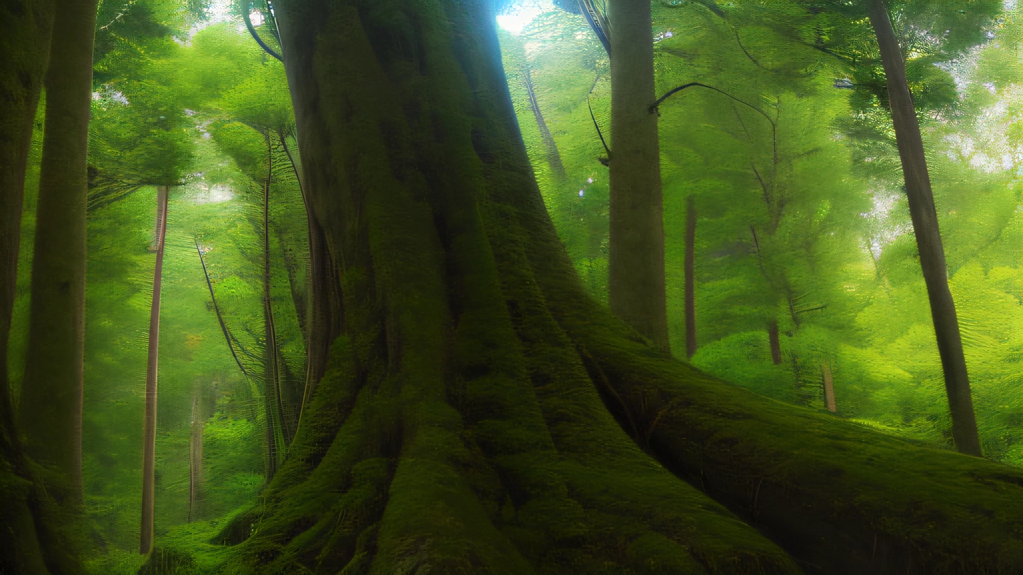 masterpiece、top-quality、8K、hight resolution、ultra-detailliert、Big trees、deep-forest、Liana with complex leaves、A glimmer of light