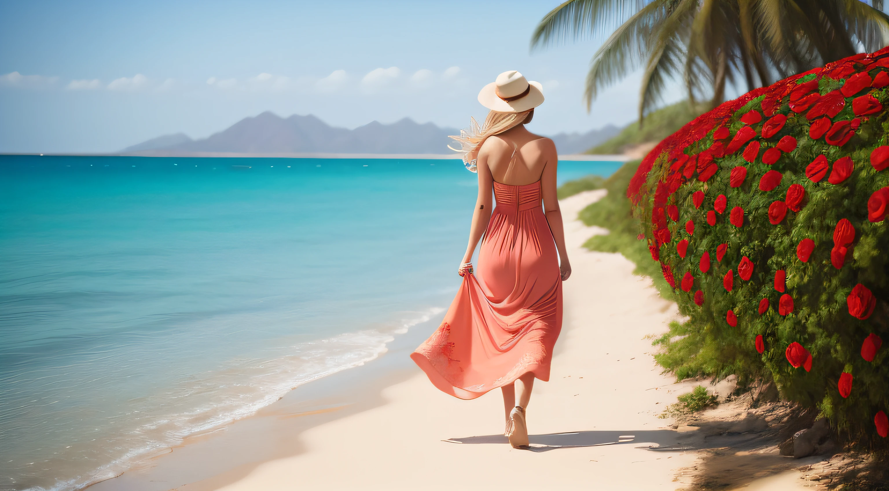 beautiful woman strolling, coral sea, red roses, delicate scene
