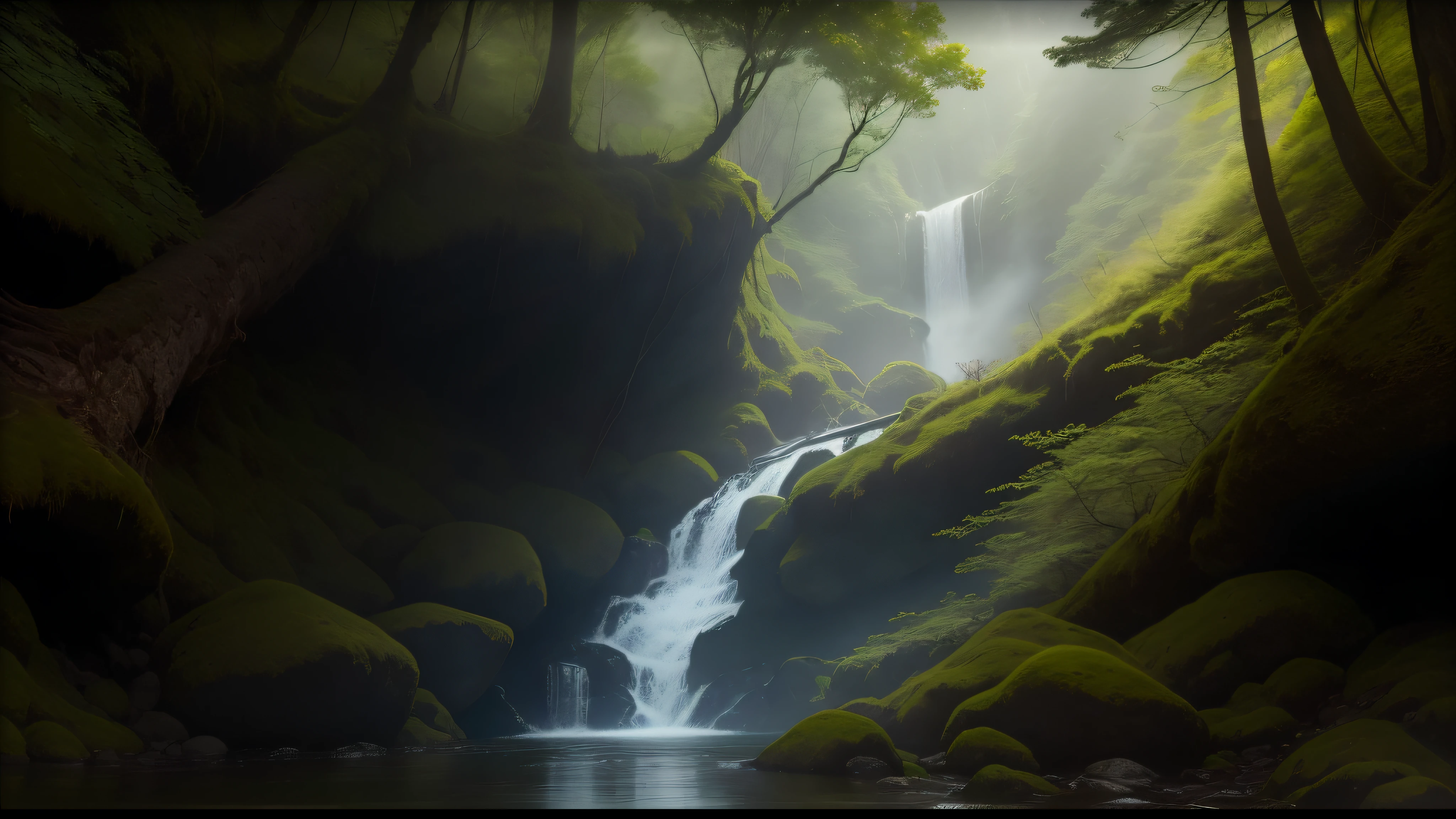 masterpiece、top-quality、8K、hight resolution、ultra-detailliert、deep-forest、Liana with complex leaves、A glimmer of light、Quiet puddle、Unspoiled lush greenery、vivid flowers々、towering pines、Delicate wood々Decorated with、Beautiful scene of a waterfall cascading down a high cliff