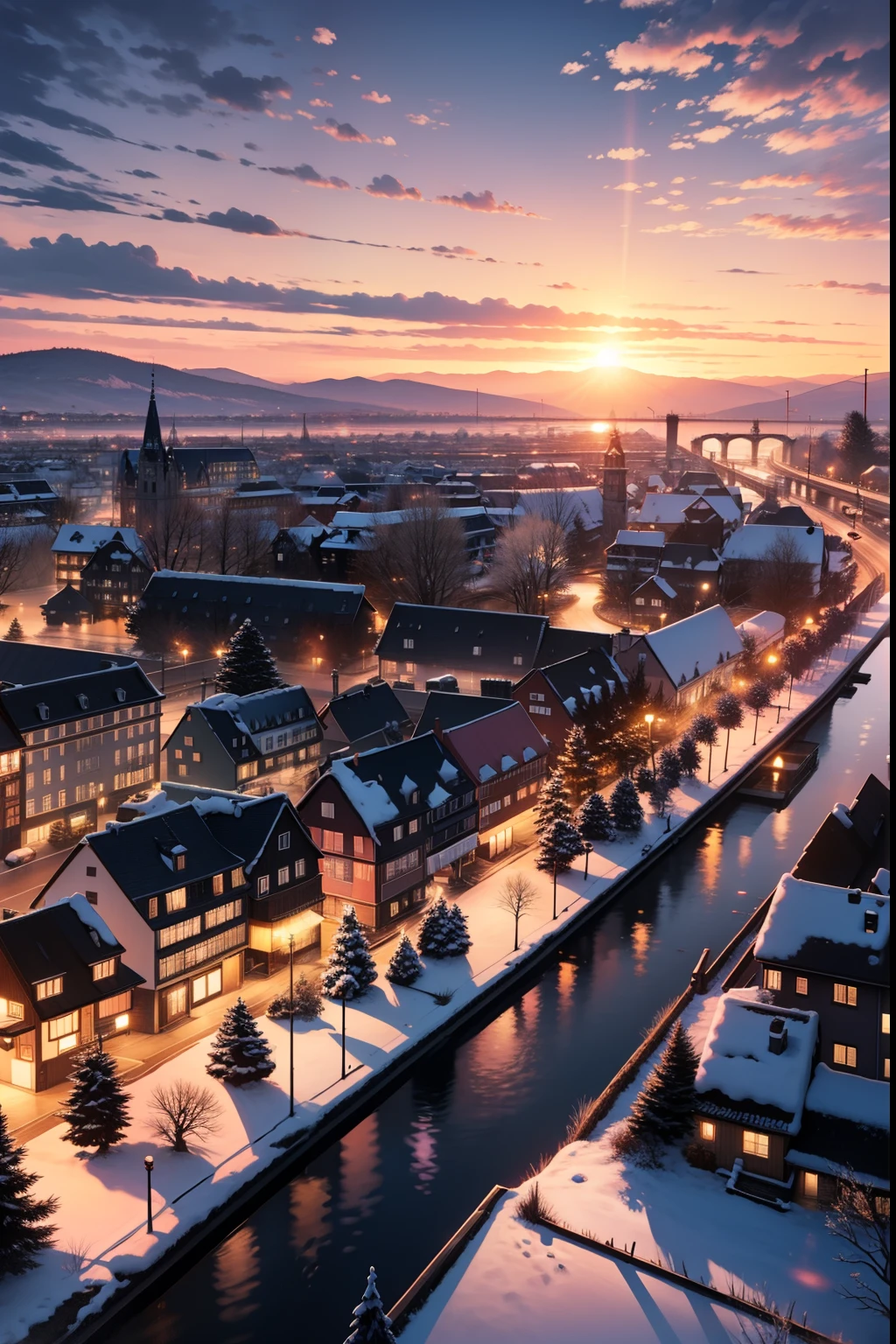 european city, germany houses, blizzard, sunset, dark pink sky, entardecer, 4k, lake