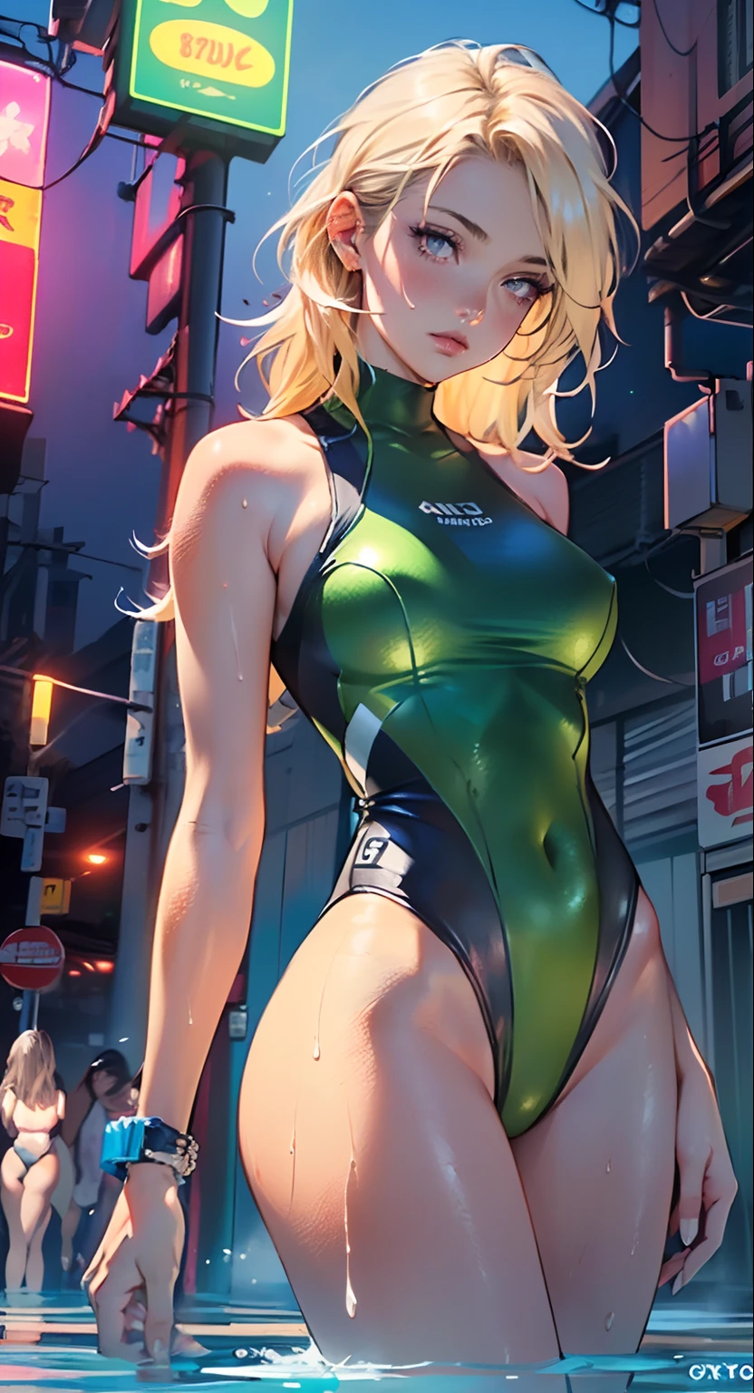 girls swimmers,(2girls,2 girls,2girl),two girls,multiple girls:1.5,((girls, twins with extremely cute and beautiful blonde)), (((twins,equal girls, identic girls,lesbian,lesbians,yuri,hugs))),
(large breasts:1.4),saggy breasts,(((very light blonde hair:1.35,straight hair,long hair:1.4,colored inner hair,ear breathing))),((heterochromia:1.5,eye1 blue,eye2 green,intricate eyes,beautiful detailed eyes,neon color eyes:1.5,glowing eyes,symmetrical eyes)),((fat)),(((lustrous skin:1.5,bright skin: 1.5,skin tanned,shiny skin,very shiny skin,shiny body,plastic glitter skin,exaggerated shiny skin,illuminated skin, wet legs))),(spider lower abdomen,narrow waist,wide hip,athletic body,inflated legs,delicate detailed fingers,detailed body,human hands,(detailed face)),
cute,slutty,seductive,erotic,(((nsfw))),
((one-piece_swimsuit magenta,wearing a one-piece_swimsuit outfit:1.3,magenta swimsuit:1.3)),((wet clothes,intricate outfit,intricate clothes)),
(dynamic pose:1.0),embarrassed,(centered,scale to fit dimensions,Rule of thirds),
cyberpunk city by the ocean at night, with bright neon signs and dark stormy clouds and puddles,
highres, sharp focus, (ultra detailed, extremely detailed), (photorealistic artwork:1.37),(extremely detailed CG unity 8k wallpaper),((synthwave background theme)),(((vibrant colors))),(intricate),(masterpiece),(best quality),synthwave neon colors,