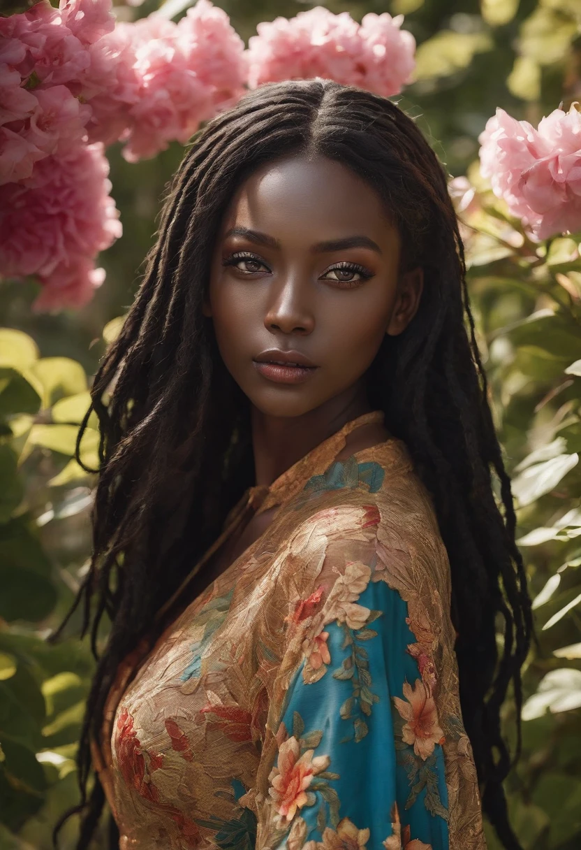 (a girl,a woman,a lady) with (ebony,black) (skin,complexion) and (long, flowing) (black, dark) (dreadlocks, hair), (beautiful detailed eyes,beautiful detailed lips,extremely detailed eyes and face,longeyelashes). She is (standing,sitting) in a (lush, vibrant) garden surrounded by (colorful, blooming) flowers. She is wearing a (colorful, flowing) dress, and her (graceful, elegant) posture exudes confidence and (femininity, strength). The sunlight gently illuminates her face, casting a soft and (warm,golden) glow. The scene is (realistic,photorealistic:1.37) and (best quality,highres), with (vivid,rich) colors and (sharp,defined) details.