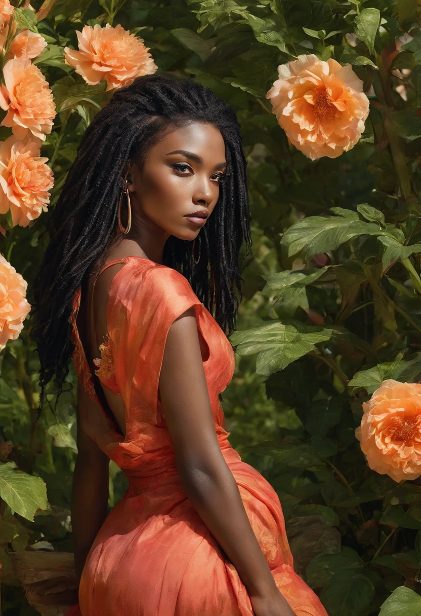 (a girl,a woman,a lady) with (ebony,black) (skin,complexion) and (long, flowing) (black, dark) (dreadlocks, hair), (beautiful detailed eyes,beautiful detailed lips,extremely detailed eyes and face,longeyelashes). She is (standing,sitting) in a (lush, vibrant) garden surrounded by (colorful, blooming) flowers. She is wearing a (colorful, flowing) dress, and her (graceful, elegant) posture exudes confidence and (femininity, strength). The sunlight gently illuminates her face, casting a soft and (warm,golden) glow. The scene is (realistic,photorealistic:1.37) and (best quality,highres), with (vivid,rich) colors and (sharp,defined) details.