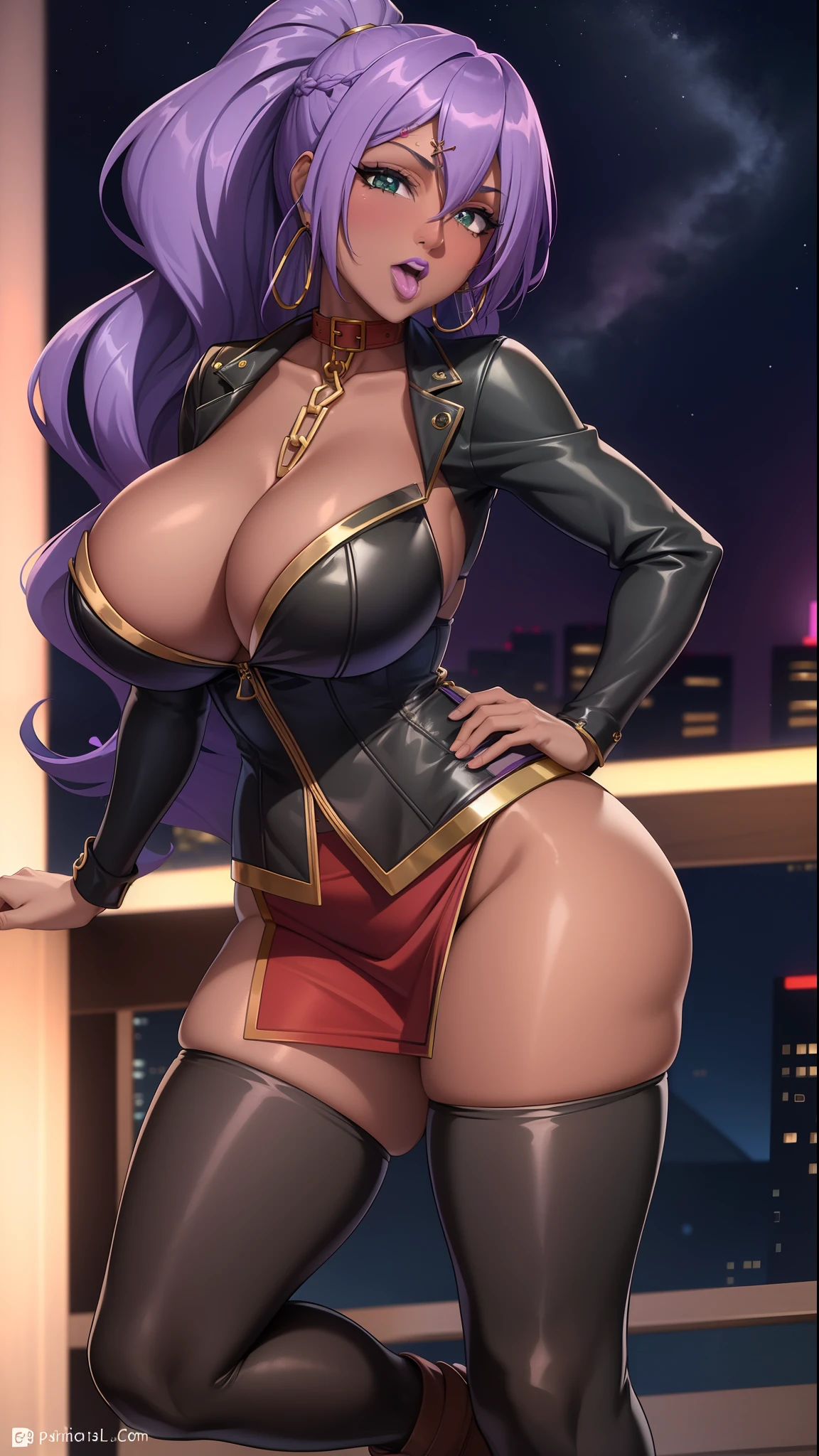 (masterpiece, highres, best quality:1.3), professional artwork, 8K, highly detailed, intricate,  vibrant image, sharp focus, trending on pixiv
AishwaryaRay, solo, mature female, 40yo, milf, curvy, (dark skinned female:1.2), (dark skin:1.1), posing, night_sky, city lights, open mouth, tongue out, oral invitation, looking at viewer, full body shot,
purple hair, long hair, ponytail, (hair over one eye:0.8), circlet, purple lips, makeup, green eyes, hoop earrings, collar, chain, perfect eyes, perfect face, ultra detailed hair, detailed face,
corset, skirt, miniskirt, thighhighs, thigh boots, 
curvy, (thighs:0.7),  slip, , cleavage,