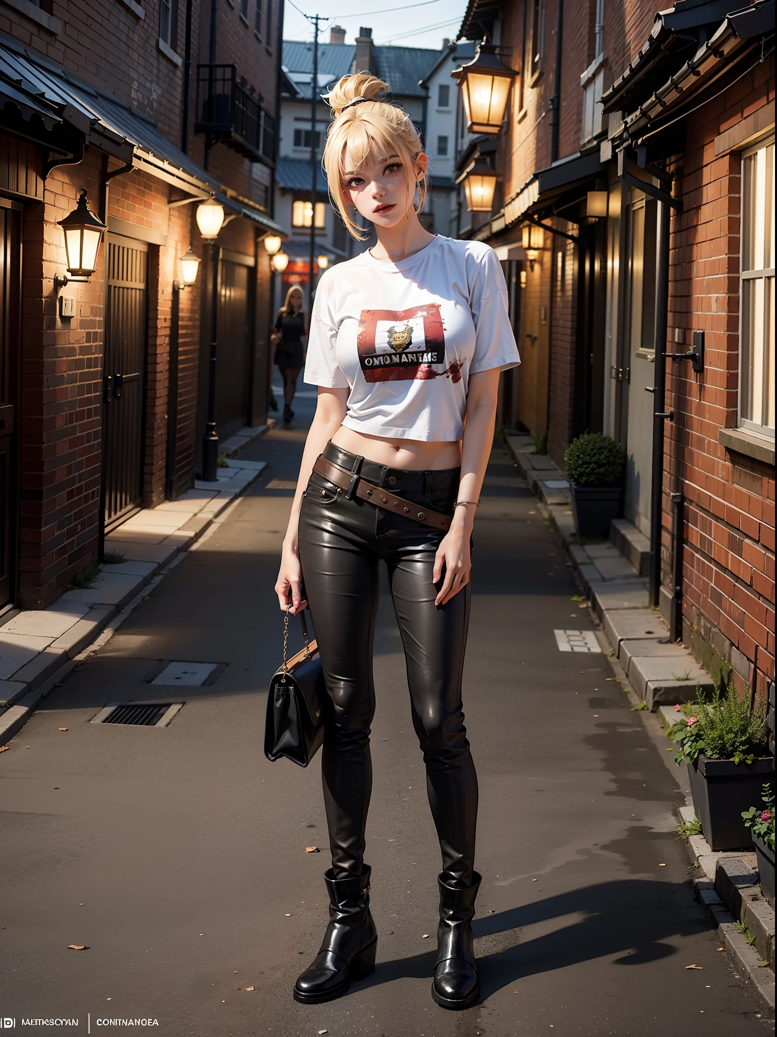 A woman, wearing a white t-shirt, black shorts, brown leather boots, all clothes torn and dirty, gigantic breasts, blonde hair, very short hair, mohawk hair, hair with bangs in front of the eyes, ((blood everywhere)), looking at the viewer, (([pose with interaction and leaning on something|pose with interaction and leaning on a large object])), in a dark alley in London with a barrel, wooden structures, lanterns attached to the wall, it's night time, heavy fog, ((full body):1.5), 16k, UHD, best possible quality, ultra detailed, best possible resolution, Unreal Engine 5, professional photography, well-detailed fingers, well-detailed hand, perfect_hands, perfect