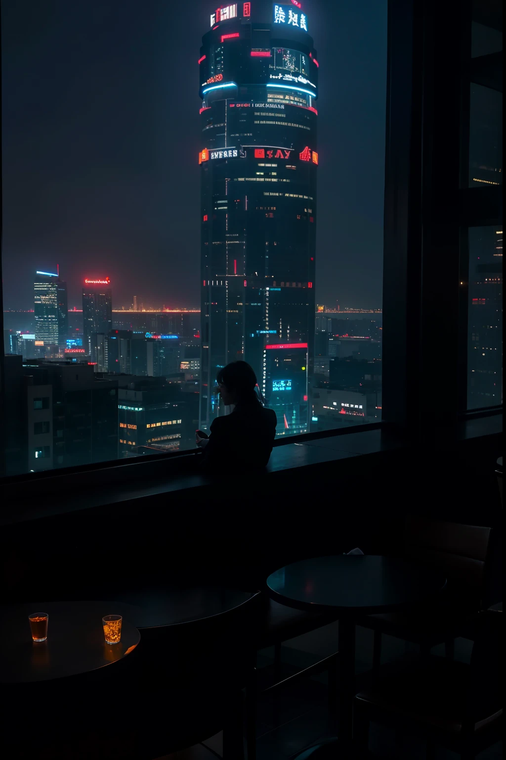 skyscraper, rooftop, lunch, dining, cyberpunk, night view, neon sign, big city, top quality, masterpiece, ultra hd