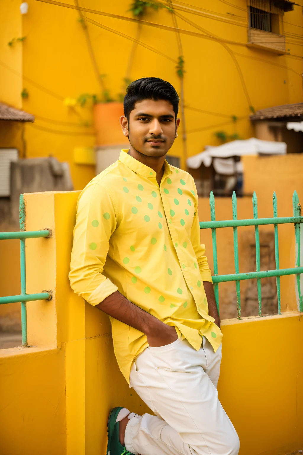 arafed man leaning against a yellow wall with a green shirt, jayison devadas, ayan nag, taken with canon 8 0 d, riyahd cassiem, * colour splash *, candid picture, with a cool pose, full body photogenic shot, taken with sony alpha 9, very artistic pose, taken with canon eos 5 d mark iv, mohamed chahin