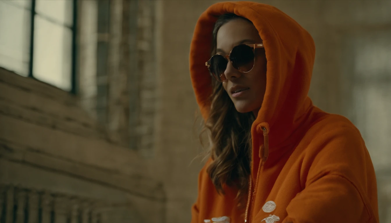 blond woman in orange hoodie sitting on a white chair, wearing orange sunglasses, long orange sweatshirt, orange hoodie, warm color clothes, orange color tone, woman in streetwear, orange sunglasses, wearing an oversized hoodie, orange hue, orange tones, she is wearing streetwear, white and orange, orange jacket, girl wearing hoodie, wearing a yellow hoodie, orange extremely coherent