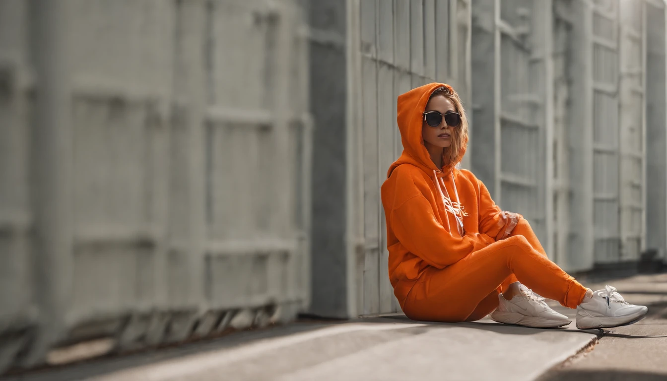 blond woman in orange hoodie sitting on a white chair, wearing orange sunglasses, long orange sweatshirt, orange hoodie, warm color clothes, orange color tone, woman in streetwear, orange sunglasses, wearing an oversized hoodie, orange hue, orange tones, she is wearing streetwear, white and orange, orange jacket, girl wearing hoodie, wearing a yellow hoodie, orange extremely coherent