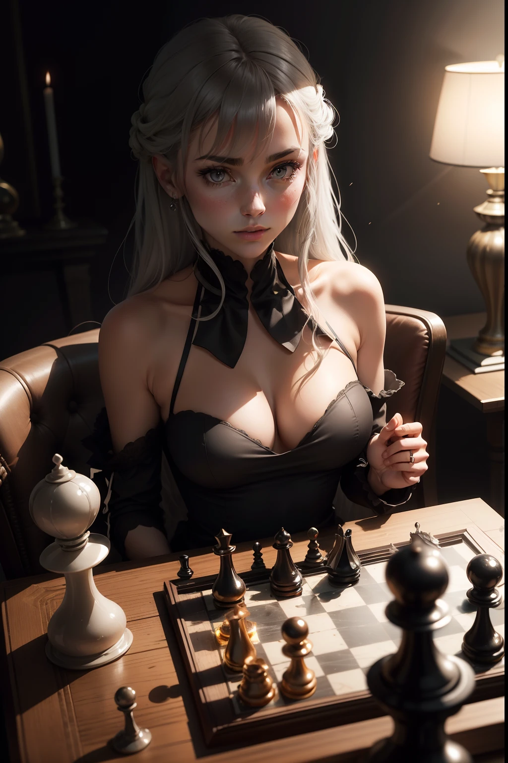 make a chessboard, a single piece: the small pawn reflecting the shadow on the back wall of the King piece, highlighted. Place a crystal wine glass, dropped on top of the chessboard, the liquid spilled from the crystal glass should leave the impression that the red liquid spilled, could be blood or wine (it should leave suspense and doubt). The scene must have dark lighting, a grayish smoky background. should not have images of humans