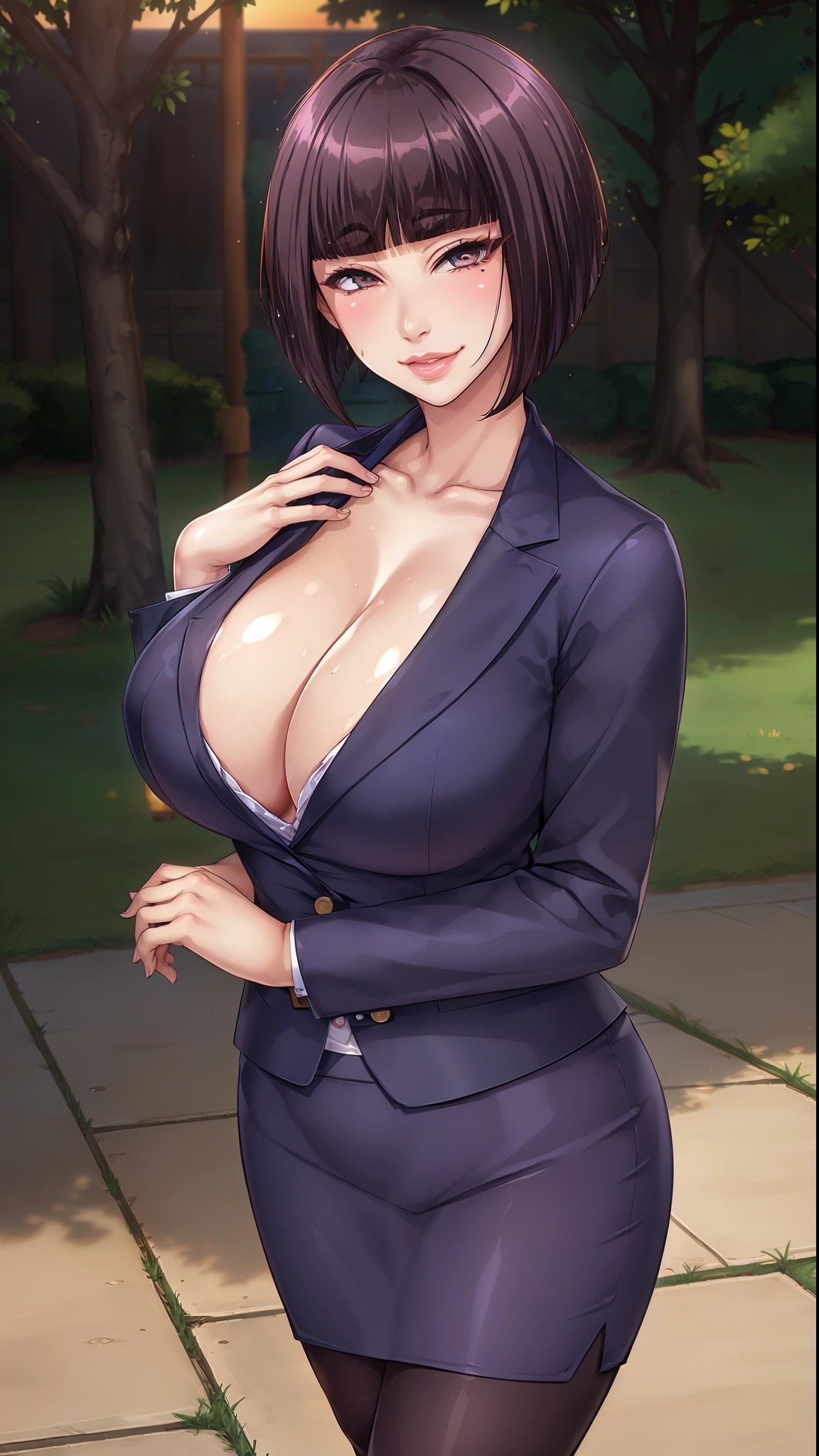 (masterpiece, best quality, high quality, realistic:1.3), (vibrant colors, vivid colors, Diffused lighting:1.1), Itsuki Shima, mature female, (cowboy shot:1.2), black pantyhose, pencil skirt, short hair, brown hair, bob cut, brown eyes, huge breasts, cleavage, looking at viewer, office lady, formal, suit, skirt suit, jacket, collared shirt, perfect body, perfect eyes, anime eyes, eyeshadow, perfect face, (horny, blush, smirking:1.1), evening park, sunset, bright background, grass, japaneese park background, park lanterns, intricate background, sharp focus, professional artwork, intricate details, digital blending, ultra detailed body, ultra detail hair, ultra detail face, trending on pixiv,