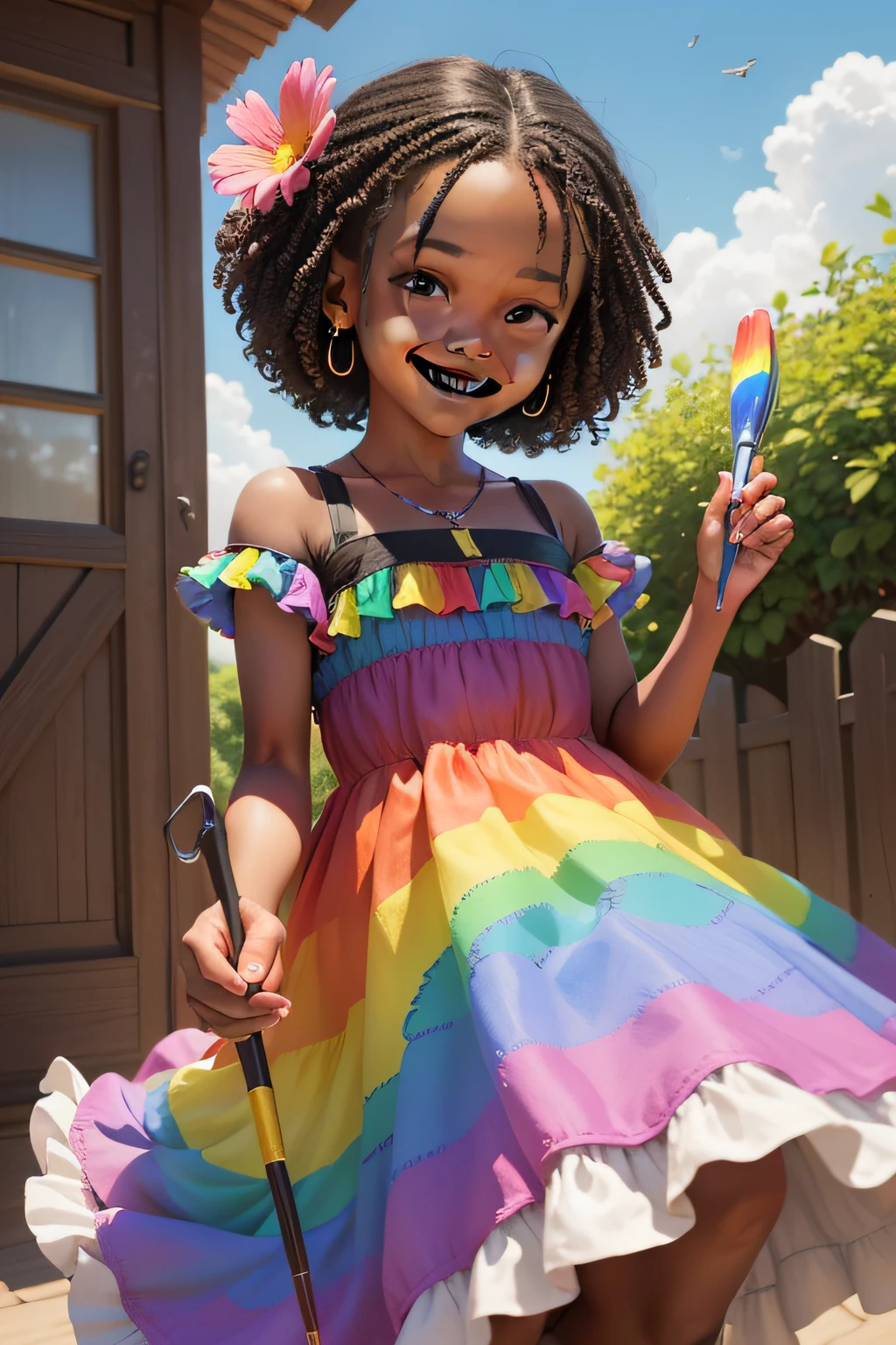 Sofia negra, cabelo negro, origem africana, it's in the backyard, in a colorful dress and holding a magic brush. She's smiling as she paints a rainbow in the sky. The colors of the rainbow are vibrant and spread across the sky in a magical way. Ao seu redor, colorful flowers are growing and happy birds fly around it. Sofia is focused on her artwork, But his face conveys joy and happiness while letting his imagination blossom.