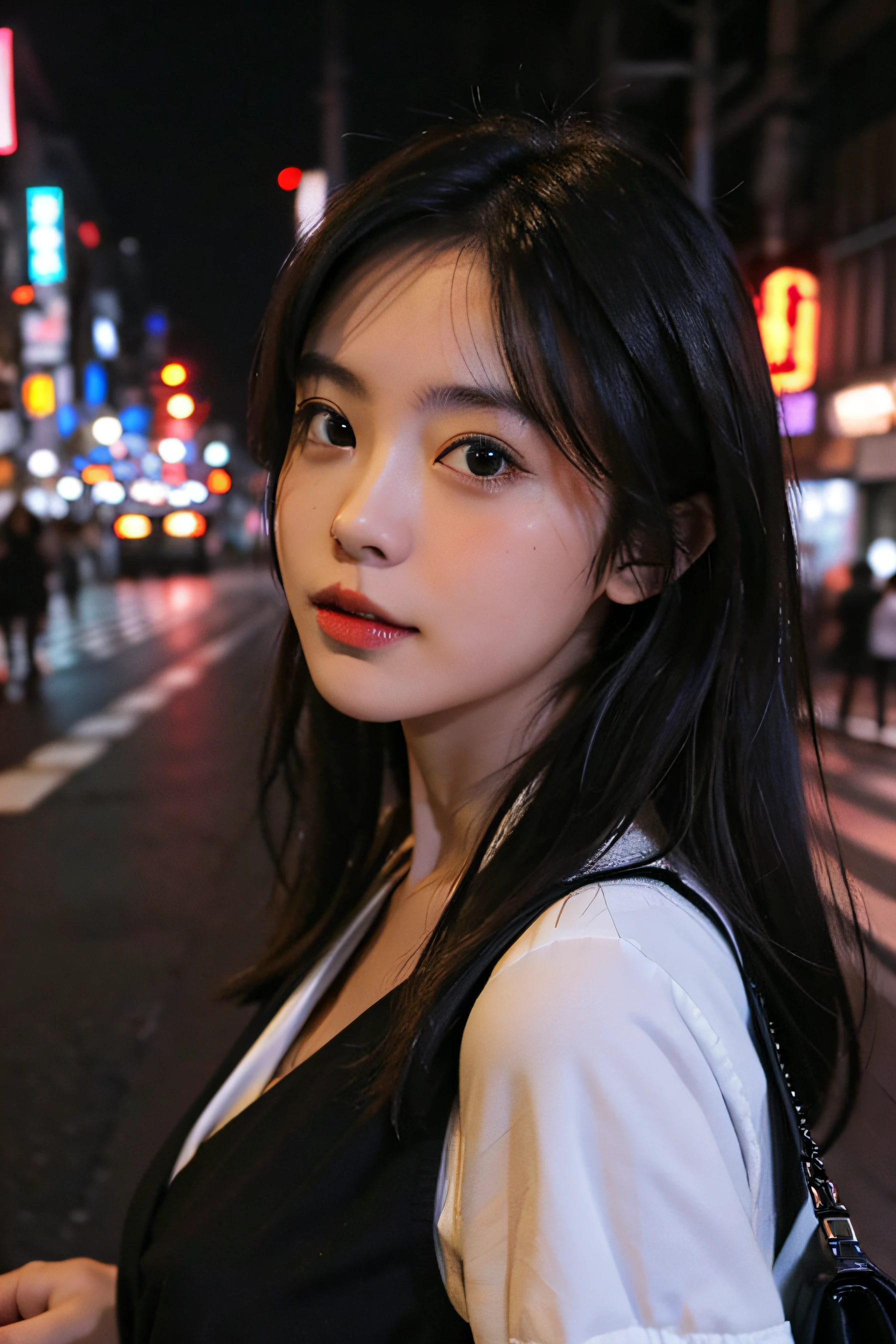 1girl, Tokyo street,night, cityscape,city lights, upper body,close-up, 8k, RAW photo, best quality, masterpiece,realistic, photo-realistic, selfie