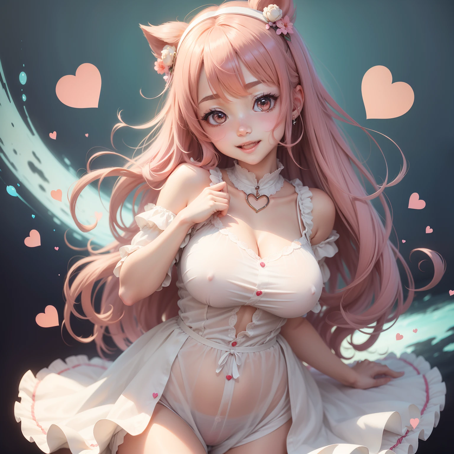 happy cute anime girl , taking a big heart , love love background , sweety , masterpiece, high quality,clear face ,normal boobis,,clear face,details face