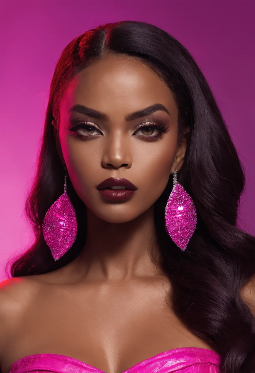 (african american,elegant,bold,confident,beautiful,long hair,curves:1.1,detailed eyes,full lips:1.1),glamorous,high fashion,stylish,striking poses,fierce attitude,(vibrant colors,hot pink:1.1,neon lights:1.1),dramatic shadows,edgy makeup,stage presence,(professional,studio lighting:1.1,ultra-detailed:1.1),dynamic composition,strong facial expressions,showstopping,celebrity vibes,sexy attire,attention-grabbing,empowered,energetic movements,music video vibes,queen-like aura
