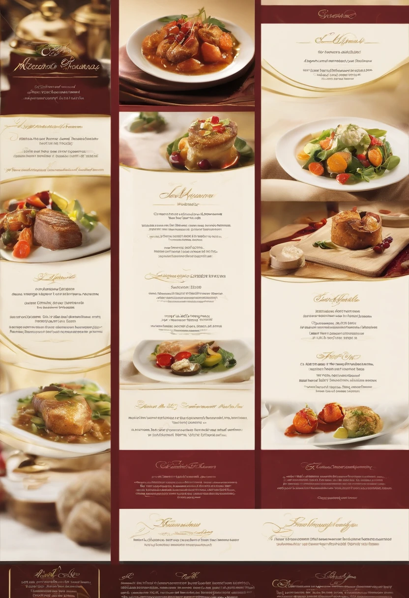 "Create an enticing and visually appealing menu style for a high-end restaurant specializing in gourmet cuisine. The menu should exude elegance and sophistication, aligning with the restaurant's ambiance and culinary excellence. Incorporate a design that complements the menu items, using a combination of elegant fonts, tasteful color schemes, and exquisite imagery to evoke a sense of culinary artistry and gastronomic delight."