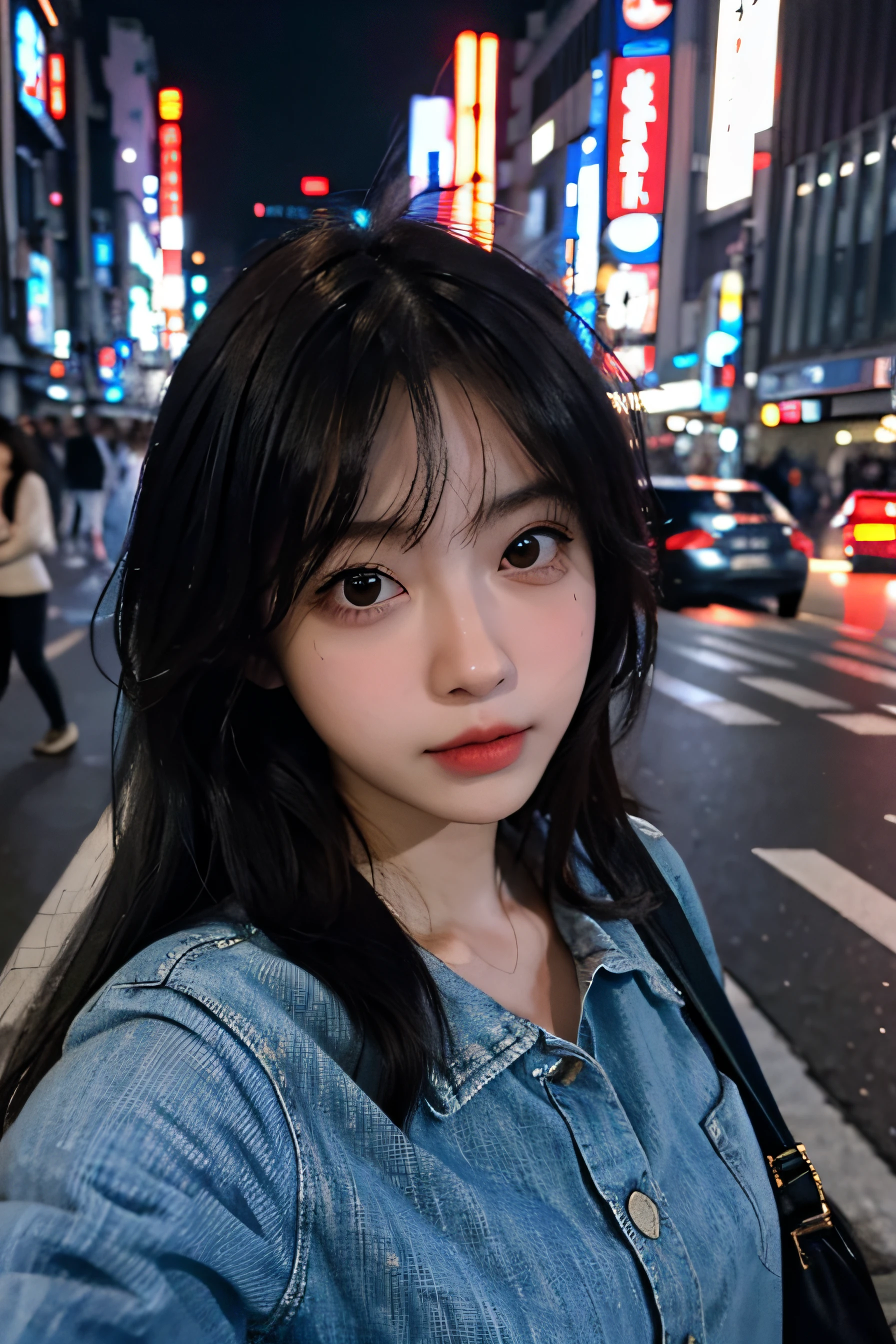 1girl, Tokyo street,night, cityscape,city lights, upper body,close-up, 8k, RAW photo, best quality, masterpiece,realistic, photo-realistic, selfie