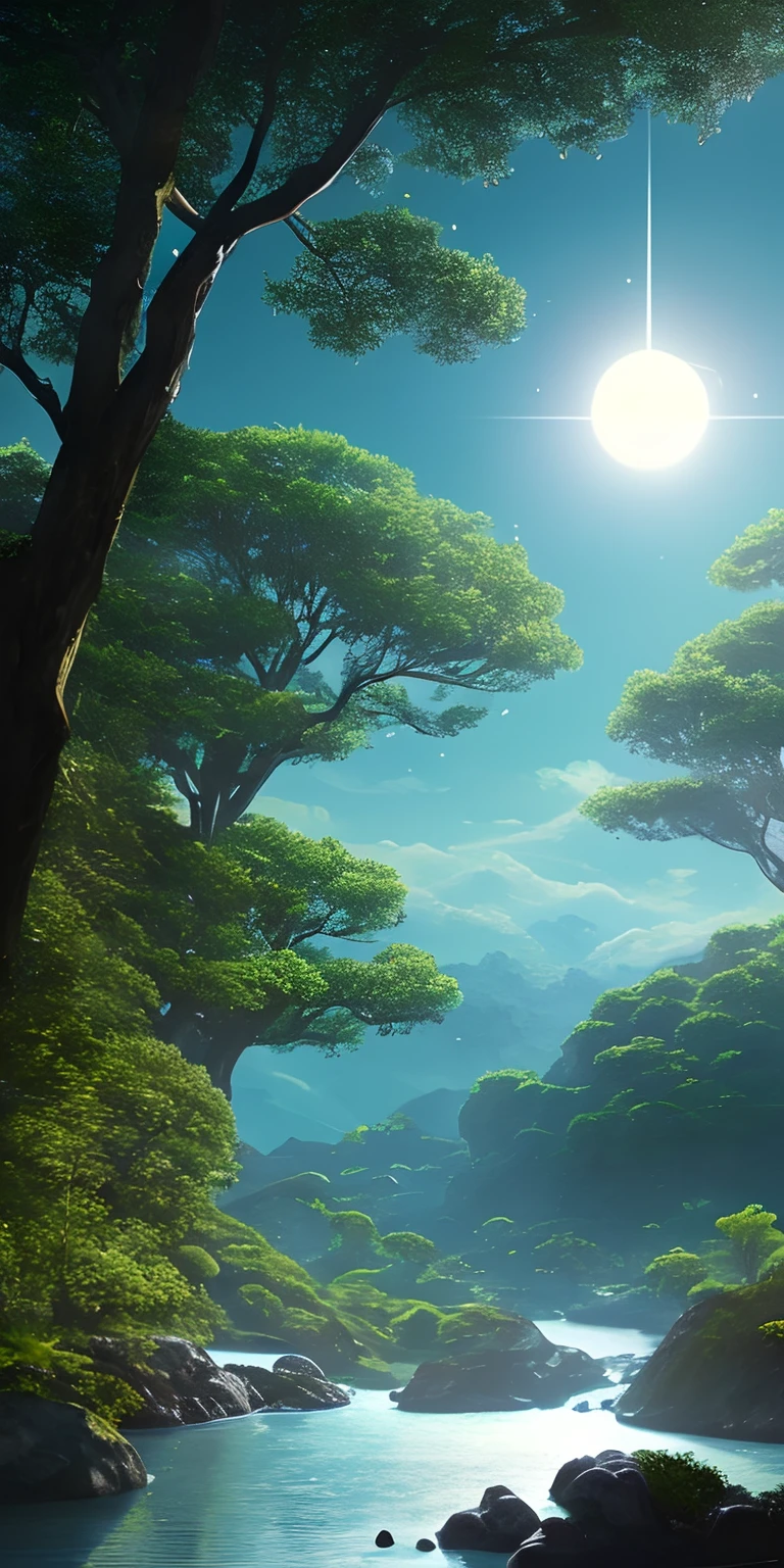Illustration of a hyperrealistic , otherworldly, ultrasky scene featuring a giant crystal tree full body,very detailed and magical lighting, intricate forest details, vegetation and river around, solarpunk ,landscape, giant tree, beatifull leafy with beautiful lighting and realistic proportions, as if it were a cinematic background, 8k, highest quality, masterpiece, clouds and stars in the sky.