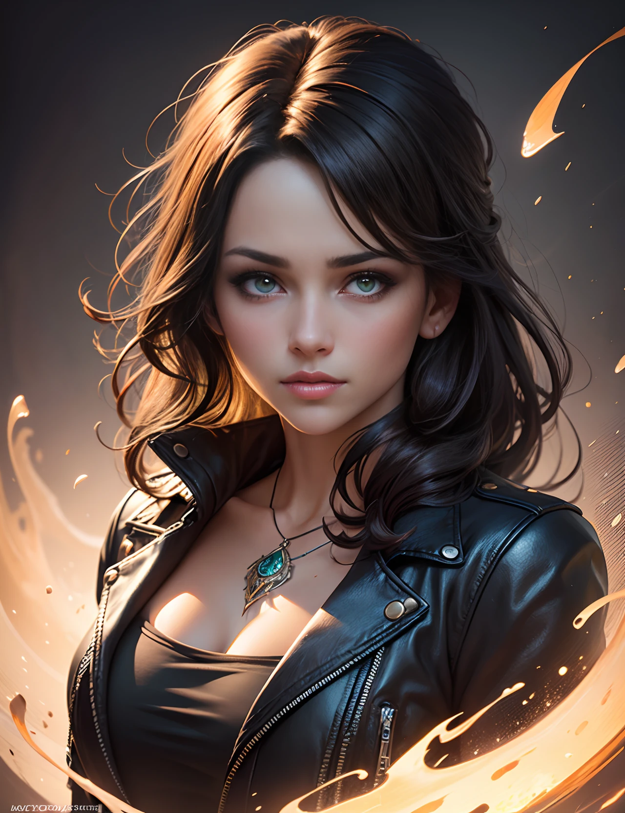 photorealism, half body portrait of a young woman, 20 years old. beautiful realistic green  eyes; fantastic face, square chin, Caucasian, beautiful look, leather jacket, Michael Garmash, Daniel F Gerhartz, Storybook style, warm dreamy lighting, white background, volumetric lighting, pulp adventure style, fluid acrylic, dynamic gradients, vivid color, illustration, highly detailed vector curves, simple, smooth and clean, vector art, smooth, Johan Grenier, character design, 3d shading, cinematic, ornate patterns, elegant organic framing, hyperrealism, posterized, collection of masterpieces, lush vivid colors, twilight, wet gouache --auto