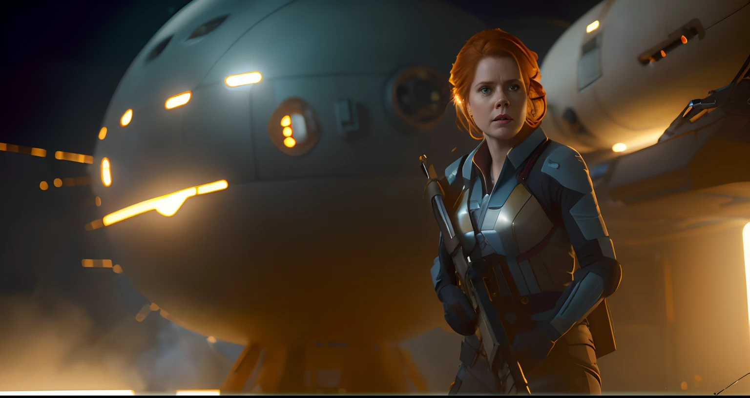 Hot terrified Sci fi Amy Adams holding a sci fi weapon on Ishimura Horror Space Ship photography, natural light, photorealism, cinematic rendering, ray tracing, the highest quality, the highest detail, Cinematic, Third-Person View, Blur Effect, Long Exposure, 8K, Ultra-HD, Natural Lighting, Moody Lighting, Cinematic Lighting