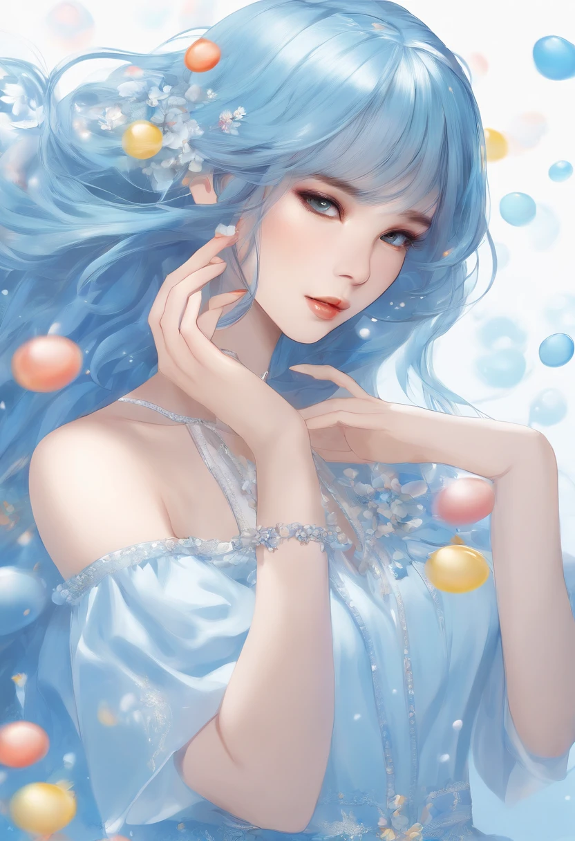 (masterpiece), (best quality), (ultra detailed),(disheed hair),(illustration), (1girl), (Fashionable clothing), standing, Fashion model, looking at viewer, (interview), (simple background), beautiful and delicate eyes, delicate beauty, floating, (high saturation), (colorful splash), colorful bubbles, (shine), focus on face, ponytail, Ayaka Kamisato, light blue hair, bangs, hair circle, floating flowers, flowing hair, (shiny), best lighting, best shadow, full body, vista