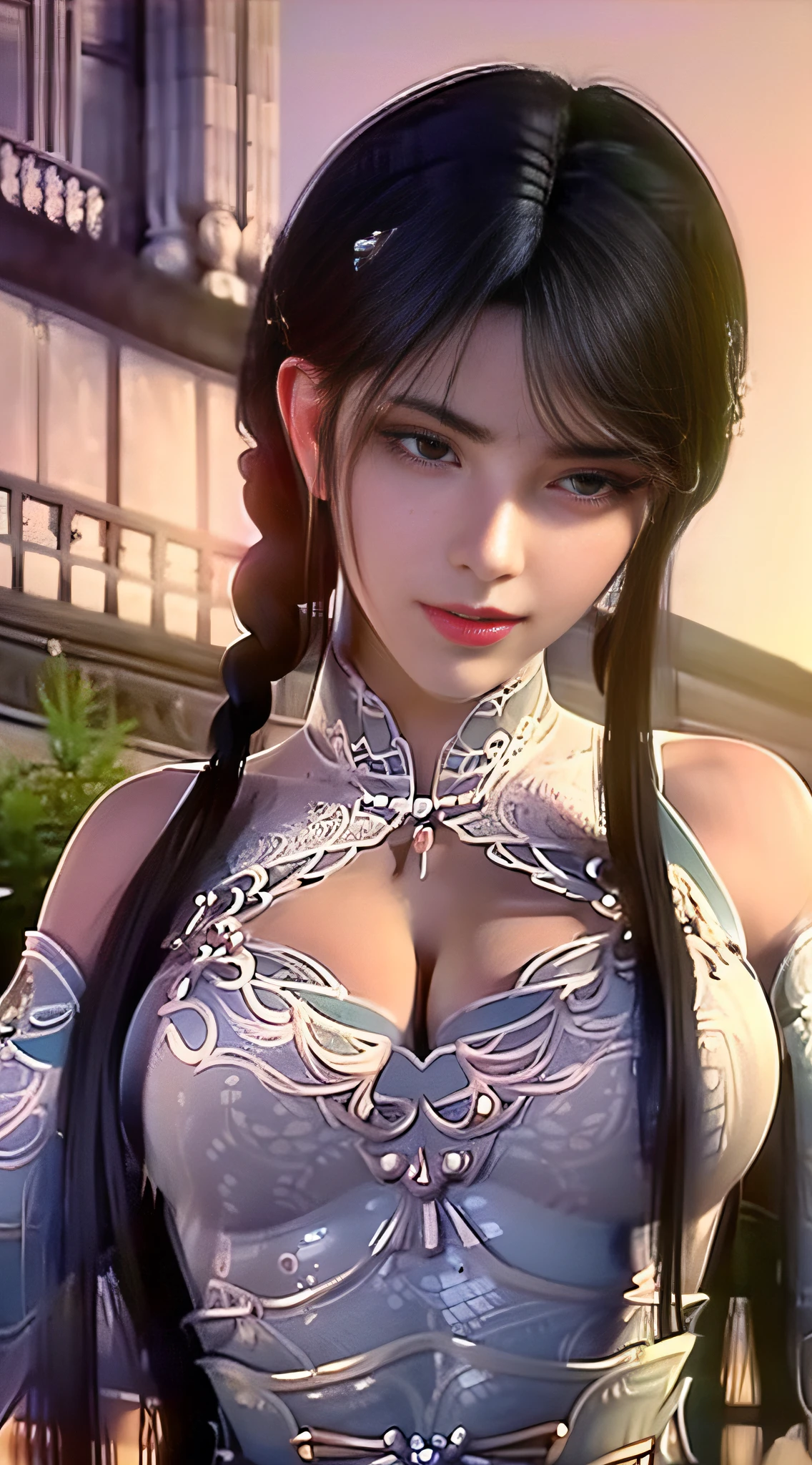 ((1girll, Black hair, Braid, Breasts, cleavage, Large breasts, Lips, Long hair, view the viewer, Traditional Chinese dress skirt, Realistic, Single braid, Skirt, Solo, Double up braid)), / / High quality texture, Intricate details, Detailed texture, Highqualityshadow, realistic representation of face, Detailed beautiful delicate face, Detailed beautiful delicate eyes,a face with perfect proportion, Depth of field, Perspective, Perfect body,Finely,Detailed beautiful eyes and detailed face, light source contrast,Photorealistic, Realistic,//(Suitable for abs,Curvy female body, musculature ,Detailed abs dice,Muscular female, Wide hips,sixpack abs,Slim waist),fake breasts, (Huge breasts:0.8)，(PureErosFace_V1:0.5) ,