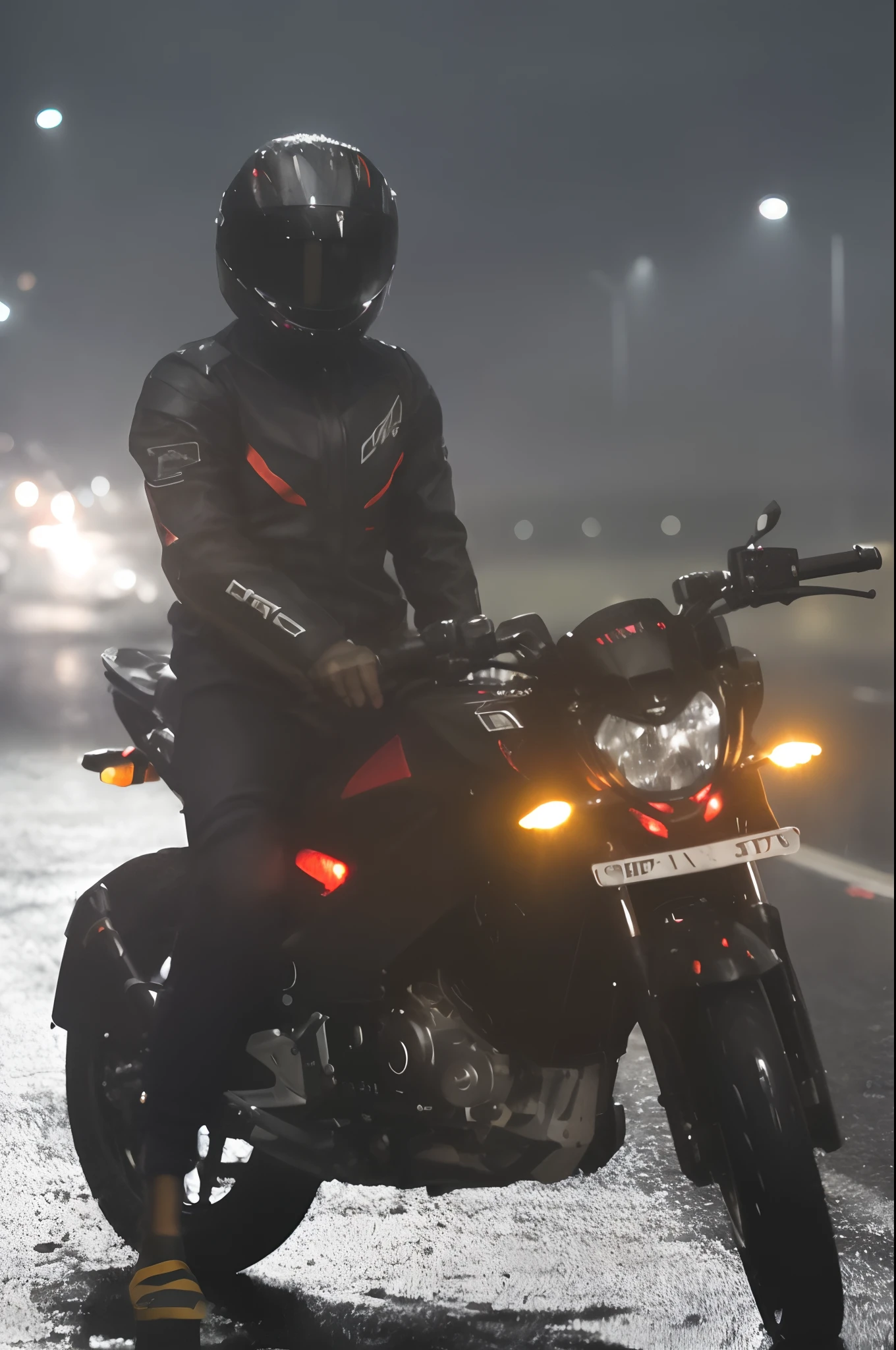 motorcycle rider in black outfit on wet road at night with headlights on, at evening during rain, dramatic lighting !n-9, candid, cinematic shot, candid picture, night time, powerful scene, cinematic front lightning, glowing eyes in helmet, menacing look, candid shot, detailed scene, wet atmosphere, cinematic shot!, at night time, gloomy/wet atmosphere