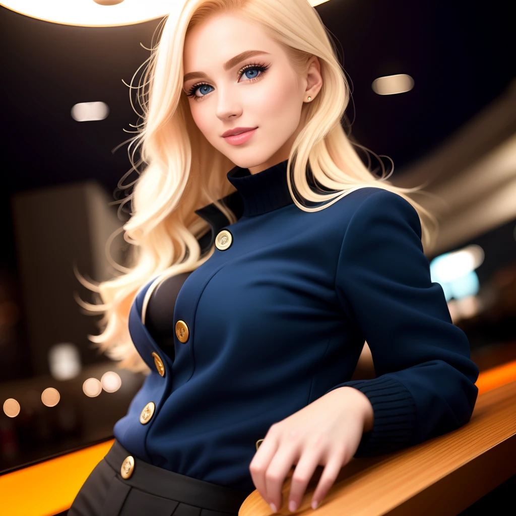 blond woman in blue jacket, off buttons and black pants on night club having a glass of juice, anna nikonova aka newmilky, dasha taran, amouranth, yelena belova, 2 4 year old female model, young beautiful amouranth, ig model | artgerm, better known as amouranth, blue clothes, black panties. Looking with seductive eyes with beautiful smile