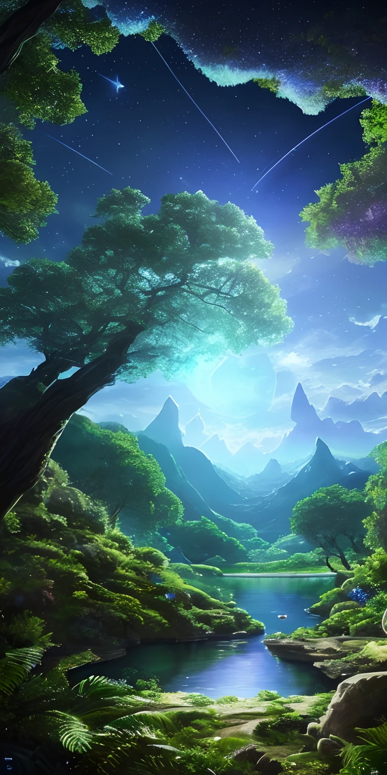 Illustration of a hyperrealistic , otherworldly, ultrasky scene featuring a giant crystal tree full body,very detailed and magical lighting, intricate forest details, vegetation and river around, solarpunk ,landscape, giant tree, beatifull leafy with beautiful lighting and realistic proportions, as if it were a cinematic background, 8k, highest quality, masterpiece, clouds and stars in the sky.