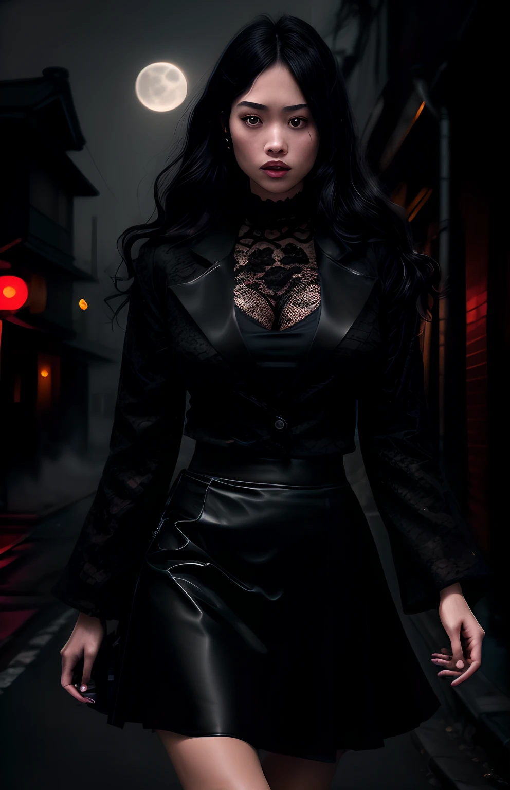 Horror theme element, realistic high quality masterpiece, (beautiful) Japanese female, age 27,wavy long black hair, walking down dark moonlit alley,moon in sky in background, moonlit,with fog and shadows, spooky,nightime,cinematic lighting,dressed conservatively, wearing a deep purple lace top & double breasted coat black (buttoned up) closed coat black, medium length black skirt black., fix hands, detailed lips