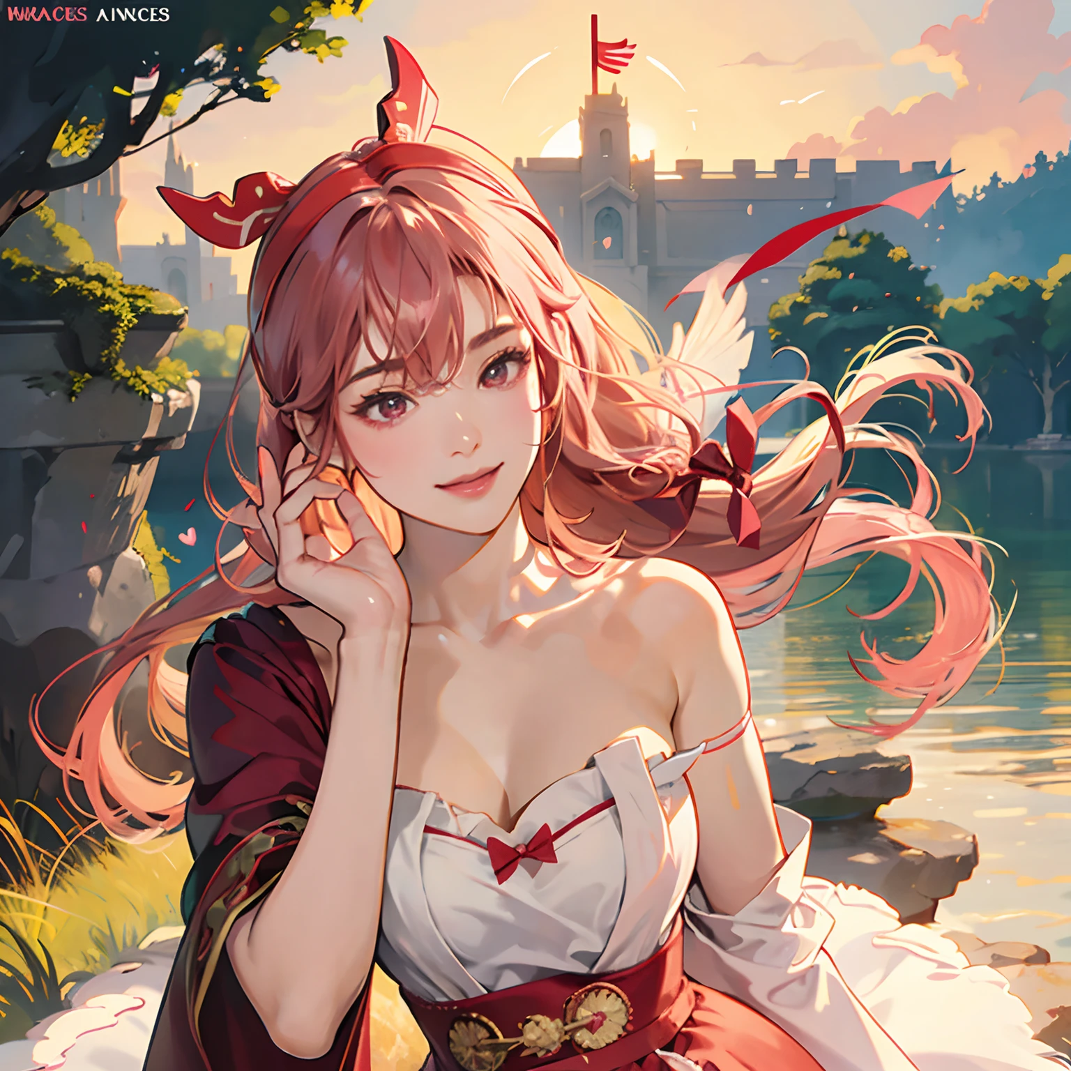 Women in Their 20s、fantasy worlds、offcial art, unity 8k wall paper, ultra-detailliert, beautifly、Aesthetic, ​masterpiece, top-quality, Photorealsitic、A hyper-realistic、Beautuful Women、detailed costume、depth of fields, Fantastic atmosphere, Calm palette, tranquil mood, Soft shading、Soft skin、Huge breasts、very large breast、cleavage of the breast、thighs thighs thighs thighs、Mischievous smile、a female angel、Cupid the Woman、Red and pink costume、short flared skirt、Light pink hair、Twin-tailed、Red ribbons、the presence of swan feathers on the back,,,,,,:1.6、Bow and arrow with heart symbol:2.0、Red heart-shaped arrowhead:2.0、Floating in the sky、Marble Temple、lake in the middle of a forest、Red bow and arrow、White headdress、bow and arrow、the presence of wings on the back、Stone ruins、Castles、Heart symbols are lined up、Floating heart symbol