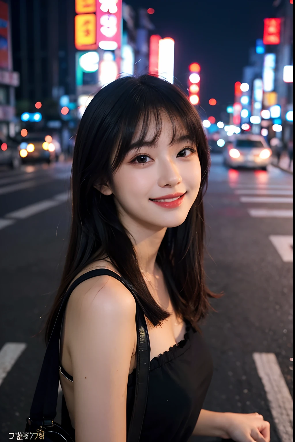 1girl, Tokyo street,night, cityscape,city lights, upper body,close-up, 8k, RAW photo, best quality, masterpiece,realistic, photo-realistic, (closed smile:1.2), kpop idol makeup, soft smile