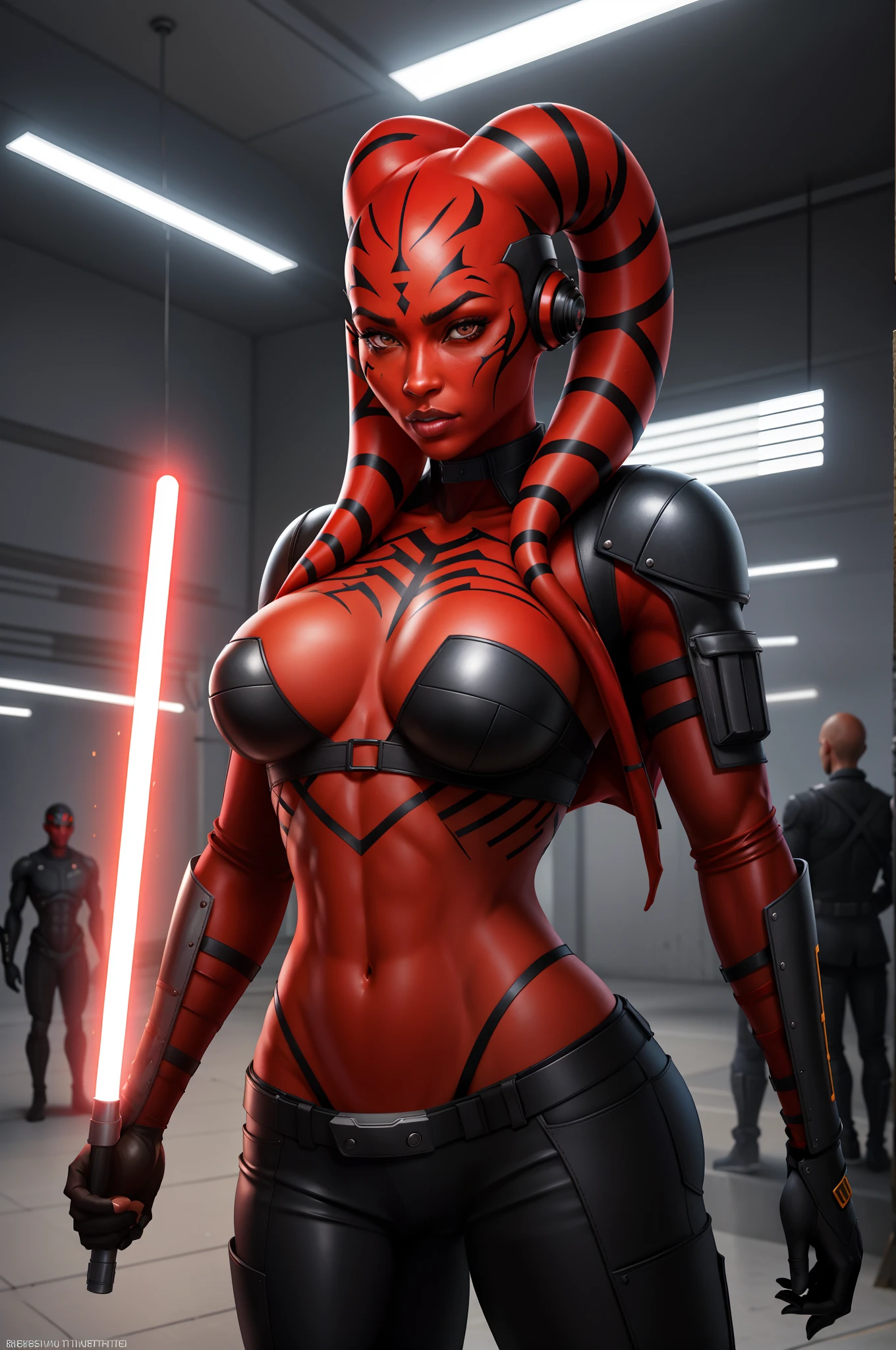 red skin:1.3, twilek, facial markings, jacket, black top, brown pants, standing, dynamic pose, medium breasts, detailed face and eyes, upper body,
detailed background, cyberpunk, warehouse, dark, jacket, open jacket, highly detailed, best quality, high resolution, 4k, cinematic lighting, lightsaber, fighting stance,
Negative prompt: easynegative, sketch by bad-artist, bad-hands-5, (bad_prompt_version2:0.9), (text:1.2), (patreon:1.2), (logo:1.2), (signature:1.2), (watermark:1.2), (loli, children, child, baby, baby face:1.5), (bad hands,:1.2)
Steps: 28, Sampler: Euler a, CFG scale: 7, Seed: 421827050, Face restoration: GFPGAN, Size: 512x768, Model hash: 4199bcdd14, Model: revAnimated_v122, Denoising strength: 0.65, Clip skip: 2, ENSD: 31337, Hires upscale: 1.5, Hires upscaler: 4x-UltraSharp