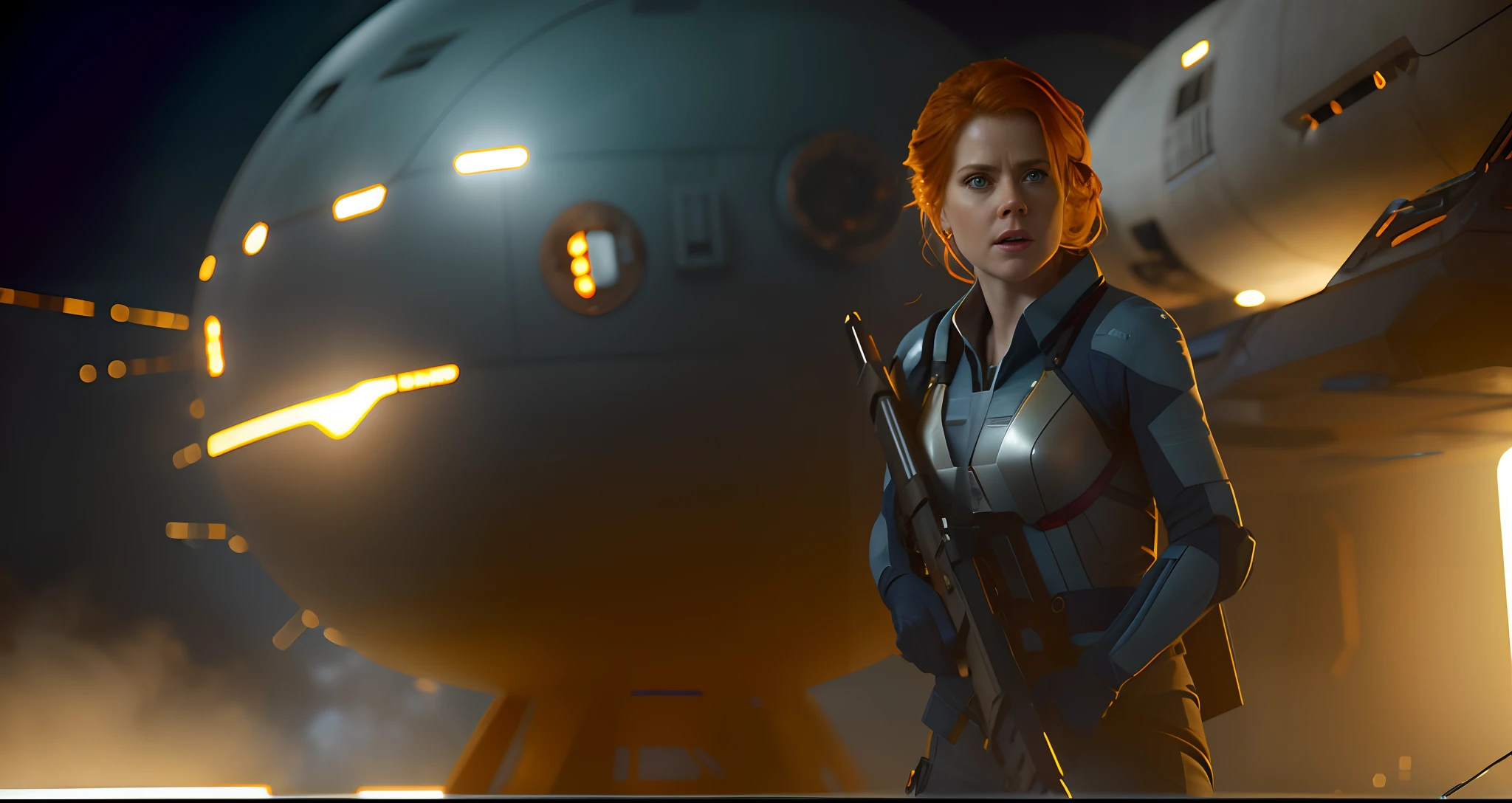 Hot terrified Sci fi Amy Adams holding a sci fi weapon on Ishimura Horror Space Ship photography, natural light, photorealism, cinematic rendering, ray tracing, the highest quality, the highest detail, Cinematic, Third-Person View, Blur Effect, Long Exposure, 8K, Ultra-HD, Natural Lighting, Moody Lighting, Cinematic Lighting