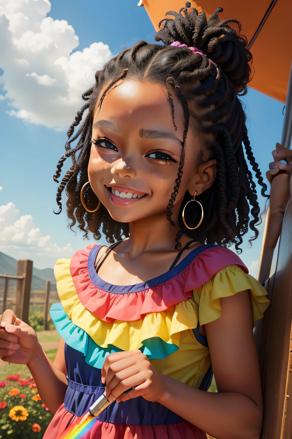 Sofia negra, cabelo negro, origem africana, it's in the backyard, in a colorful dress and holding a magic brush. She's smiling as she paints a rainbow in the sky. The colors of the rainbow are vibrant and spread across the sky in a magical way. Ao seu redor, colorful flowers are growing and happy birds fly around it. Sofia is focused on her artwork, But his face conveys joy and happiness while letting his imagination blossom.
