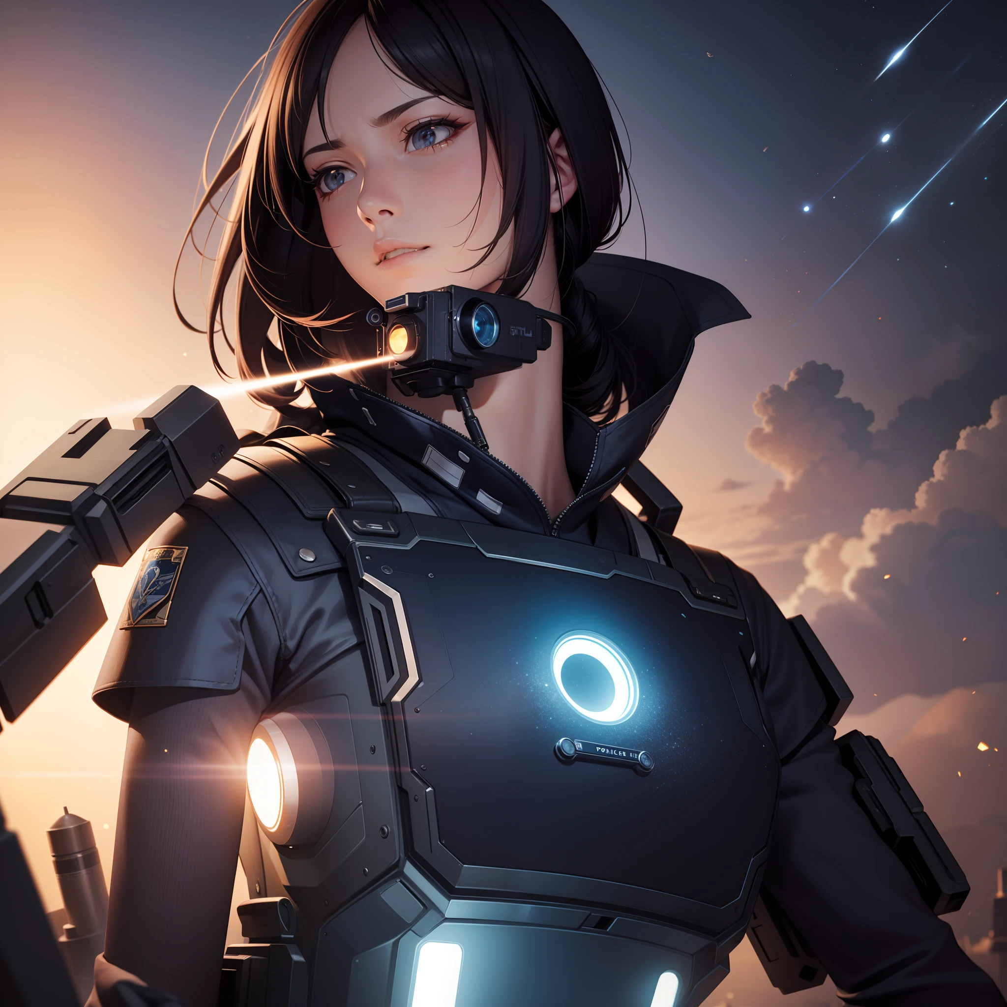 masutepiece, Super Detail, High quality, awardwinning, 8K, time patrol, space-time police, futuristic uniform, upper body, intelligent, vignetting, cinematic lighting, film grain