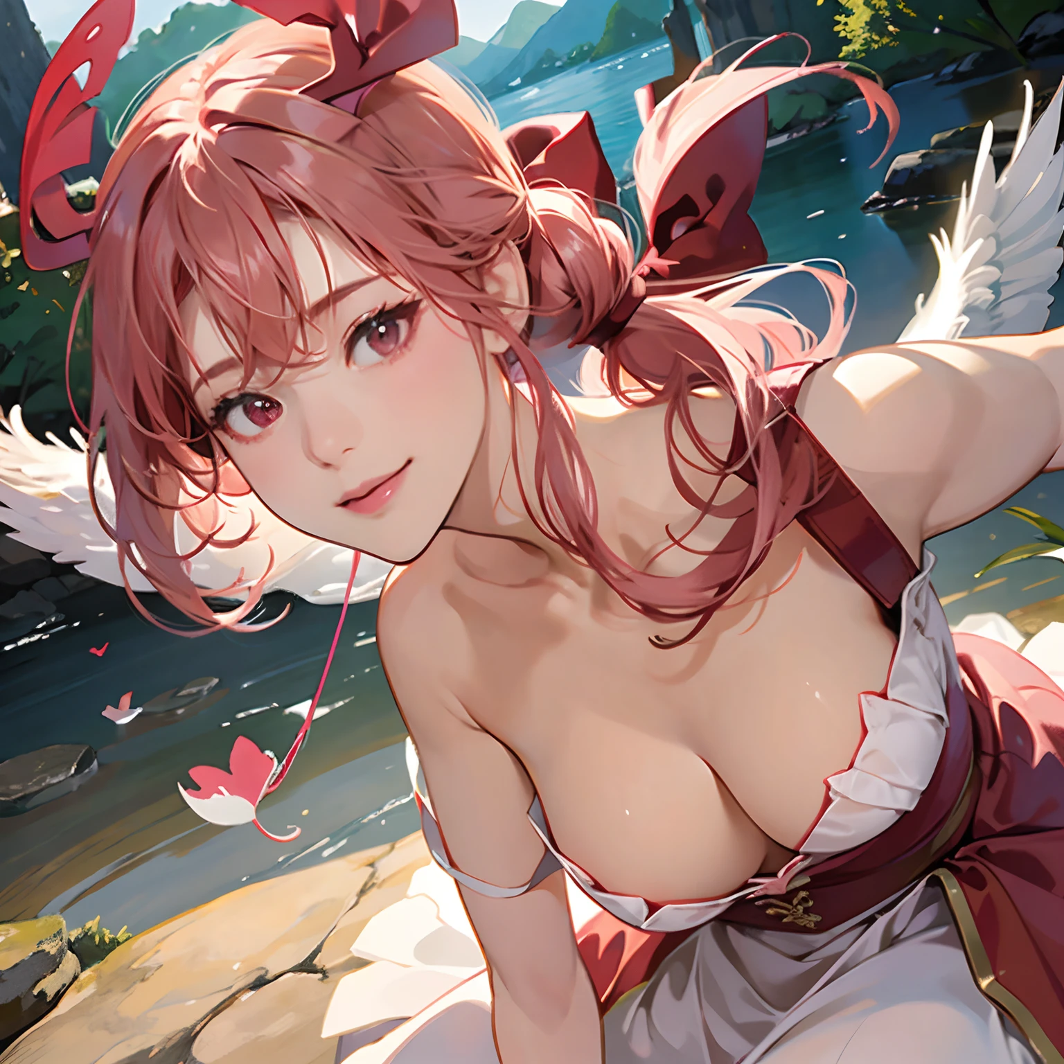 Women in Their 20s、fantasy worlds、offcial art, unity 8k wall paper, ultra-detailliert, beautifly、Aesthetic, masterpiece, top-quality, Photorealsitic、A hyper-realistic、Beautuful Women、detailed costume、depth of fields, Fantastic atmosphere, Calm palette, tranquil mood, Soft shading、Soft skin、very large breast、cleavage of the breast、Mischievous smile、a female angel、Cupid the Woman、Dark pink outfit、short flared skirt、Light pink hair、Twin-tailed、Red ribbons、the presence of swan feathers on the back,,,,,,:1.6、Bow and arrow with heart symbol:2.0、Red heart-shaped arrowhead:2.0、Floating in the sky、Marble Temple、lake in the middle of a forest、Red bow and arrow、White headdress、bow and arrow、the presence of wings on the back、Stone ruins、Castles、Heart symbols are lined up、Floating heart symbol、Flock of swans