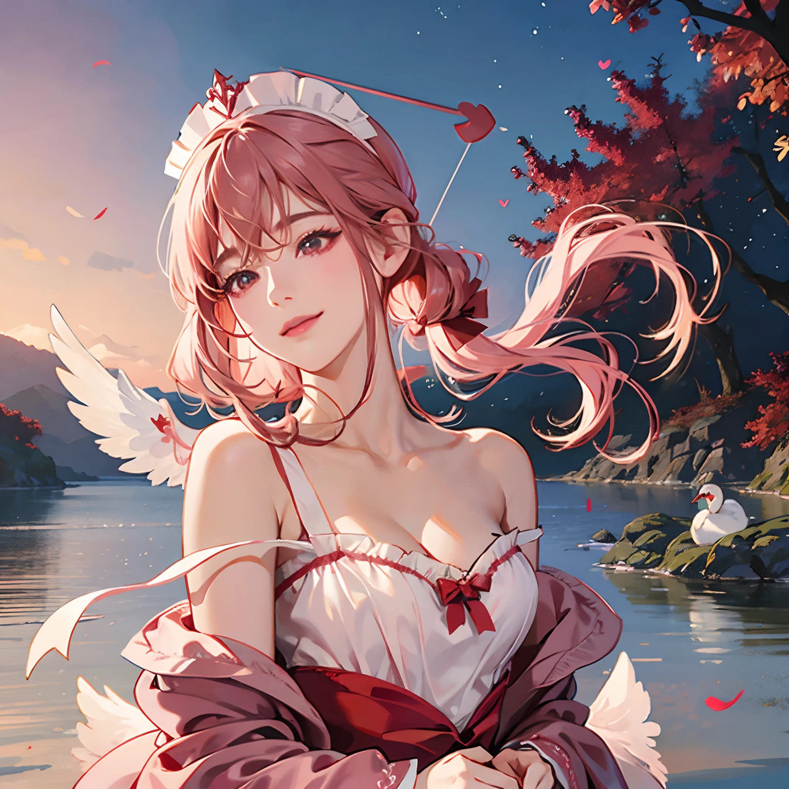 Women in Their 20s、fantasy worlds、offcial art, unity 8k wall paper, ultra-detailliert, beautifly、Aesthetic, ​masterpiece, top-quality, Photorealsitic、A hyper-realistic、Beautuful Women、detailed costume、depth of fields, Fantastic atmosphere, Calm palette, tranquil mood, Soft shading、Soft skin、very large breast、cleavage of the breast、Mischievous smile、a female angel、Cupid the Woman、Dark pink outfit、short flared skirt、Light pink hair、Twin-tailed、Red ribbons、the presence of swan feathers on the back,,,,,,:1.6、Bow and arrow with heart symbol:2.0、Red heart-shaped arrowhead:2.0、Floating in the sky、Marble Temple、lake in the middle of a forest、Red bow and arrow、White headdress、bow and arrow、the presence of wings on the back、Stone ruins、Castles、Heart symbols are lined up、Floating heart symbol、Flock of swans