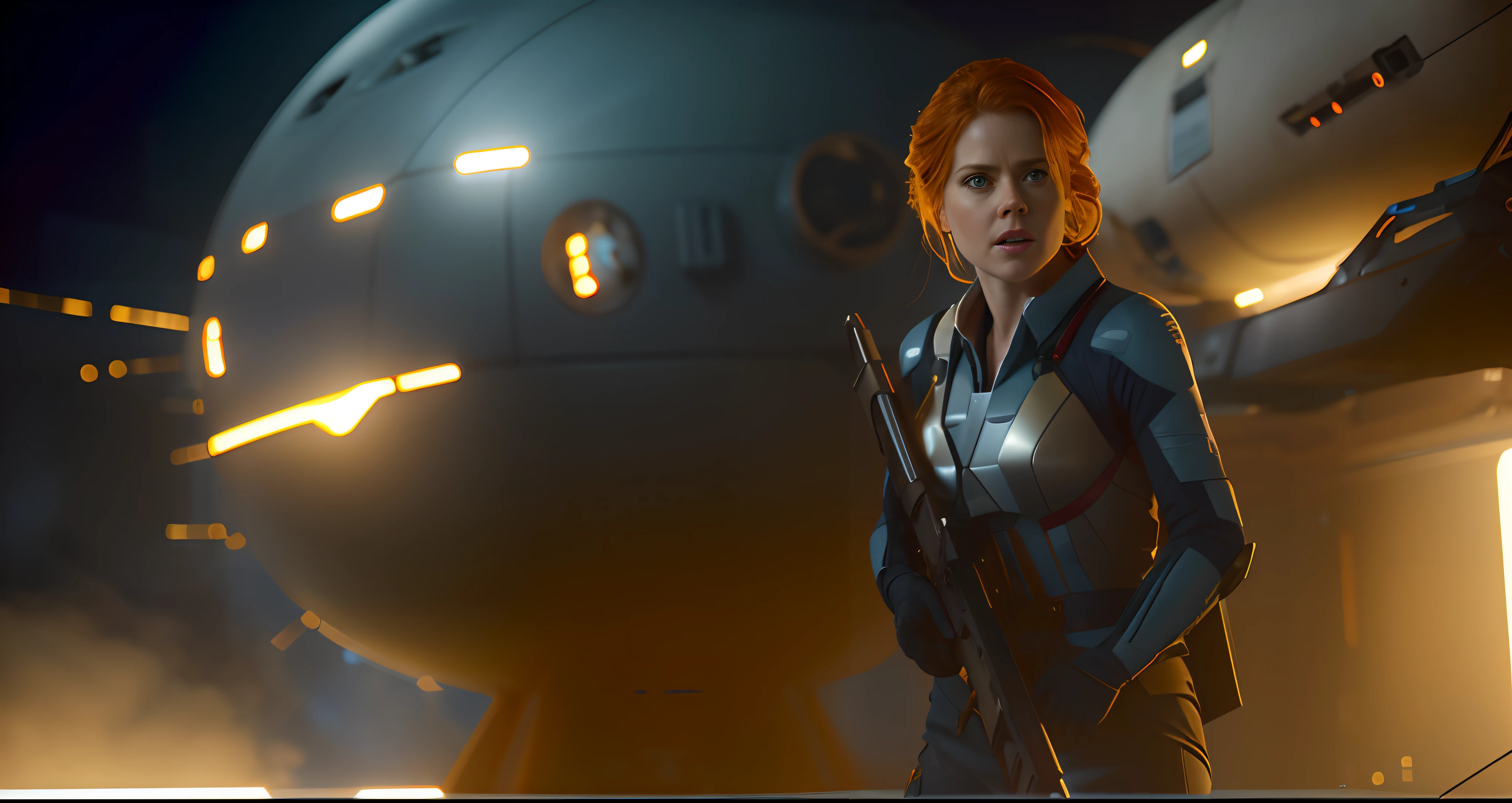 Hot terrified Sci fi Amy Adams holding a sci fi weapon on Ishimura Horror Space Ship photography, natural light, photorealism, cinematic rendering, ray tracing, the highest quality, the highest detail, Cinematic, Third-Person View, Blur Effect, Long Exposure, 8K, Ultra-HD, Natural Lighting, Moody Lighting, Cinematic Lighting
