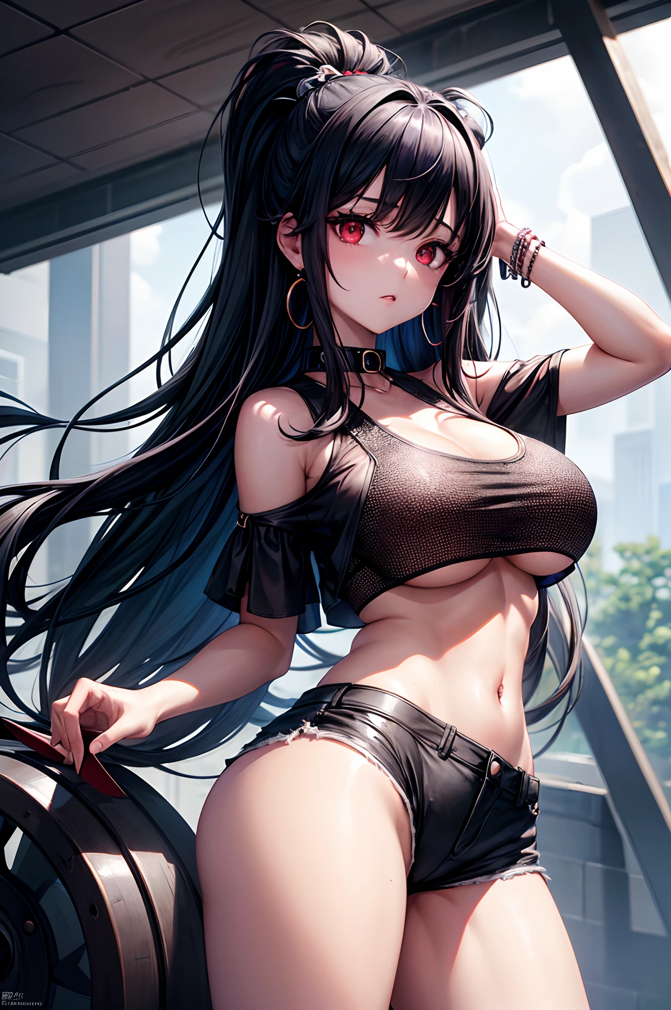 1girl, absurdres, high res, ultrasharp, 8K, masterpiece, looking at viewer, thighs, breasts, huge breasts, crop top, shorts, black hair, long hair, red eyes, underboob, piercing, transparent, earrings, bangs, collar