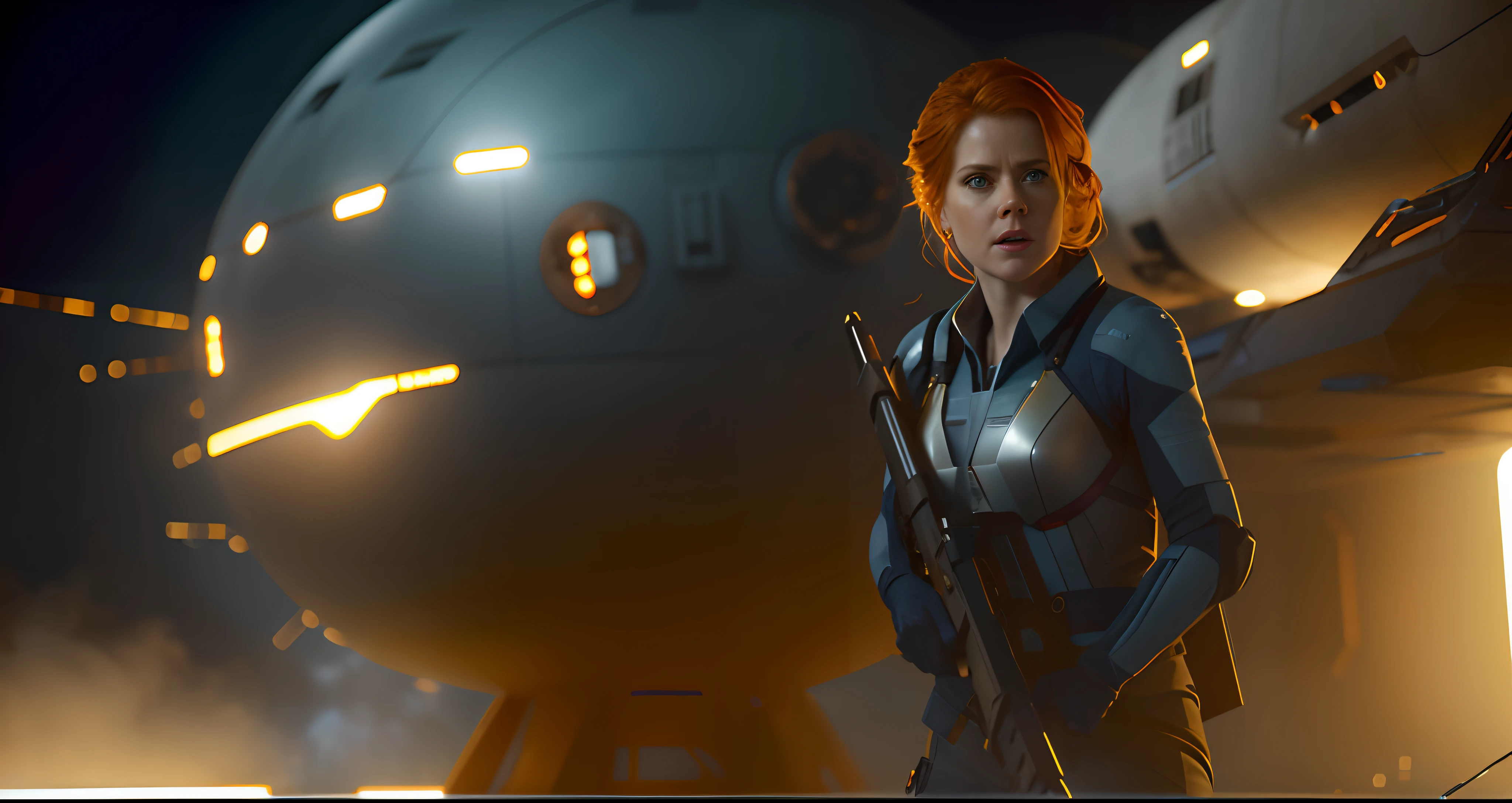 Hot terrified Sci fi Amy Adams holding a sci fi weapon on Ishimura Horror Space Ship photography, natural light, photorealism, cinematic rendering, ray tracing, the highest quality, the highest detail, Cinematic, Third-Person View, Blur Effect, Long Exposure, 8K, Ultra-HD, Natural Lighting, Moody Lighting, Cinematic Lighting