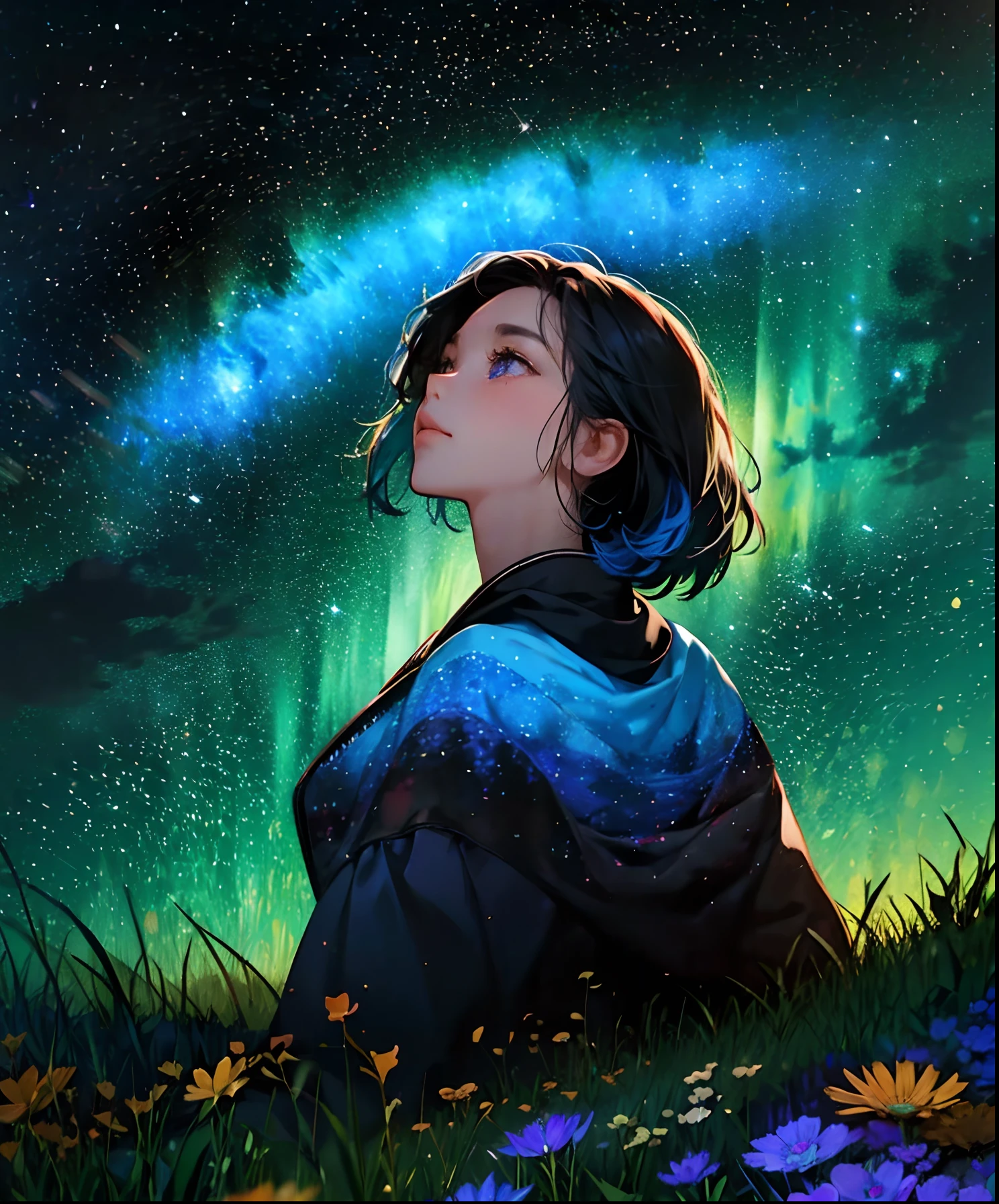 Describe a scene where a cute girl character is lying on a grassy hill, Looking up at the starry sky. Surround her with colorful nebulae and her favorite constellations.
