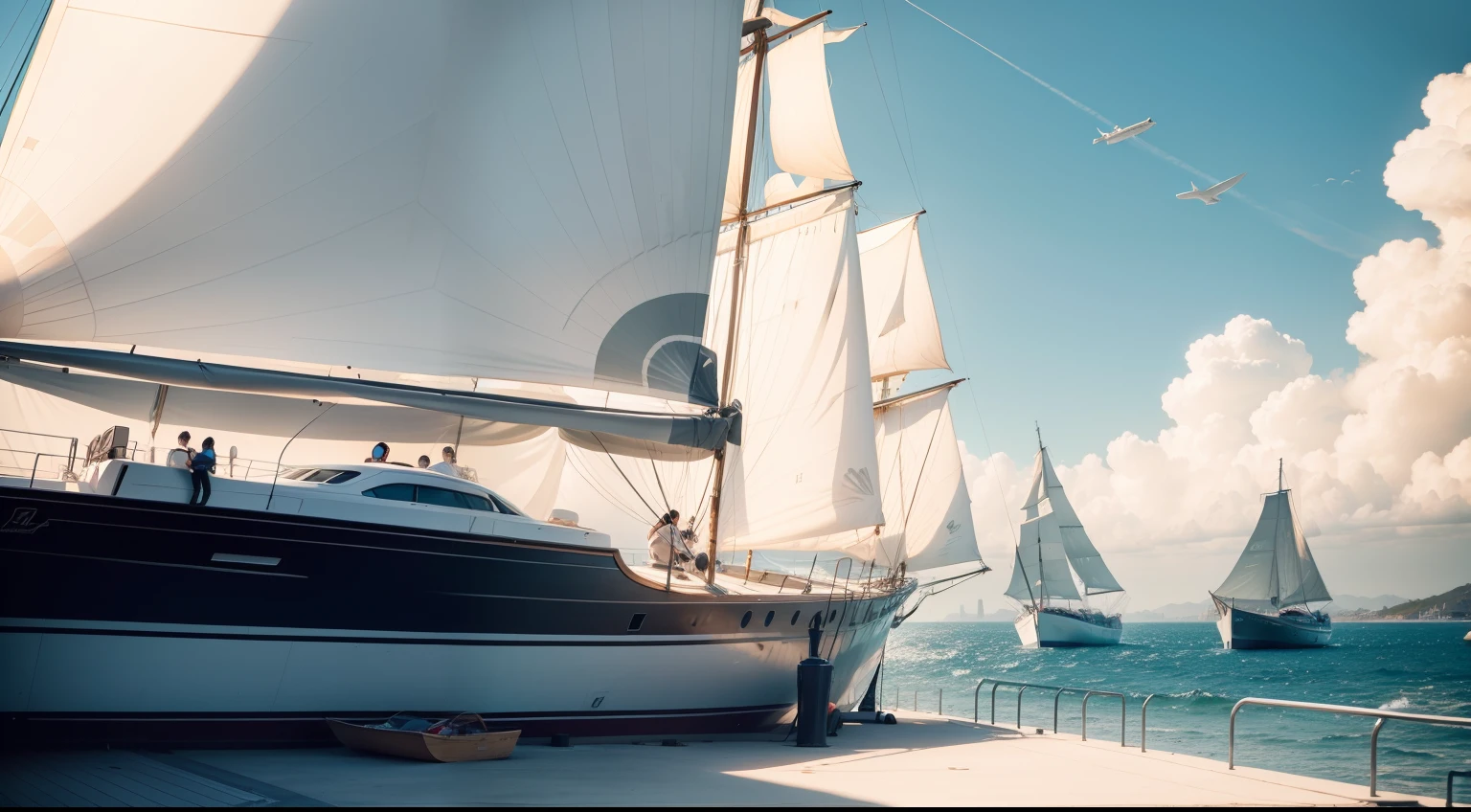 the boys sailing yacht at the long beach on a sunny day with auroas in the sky