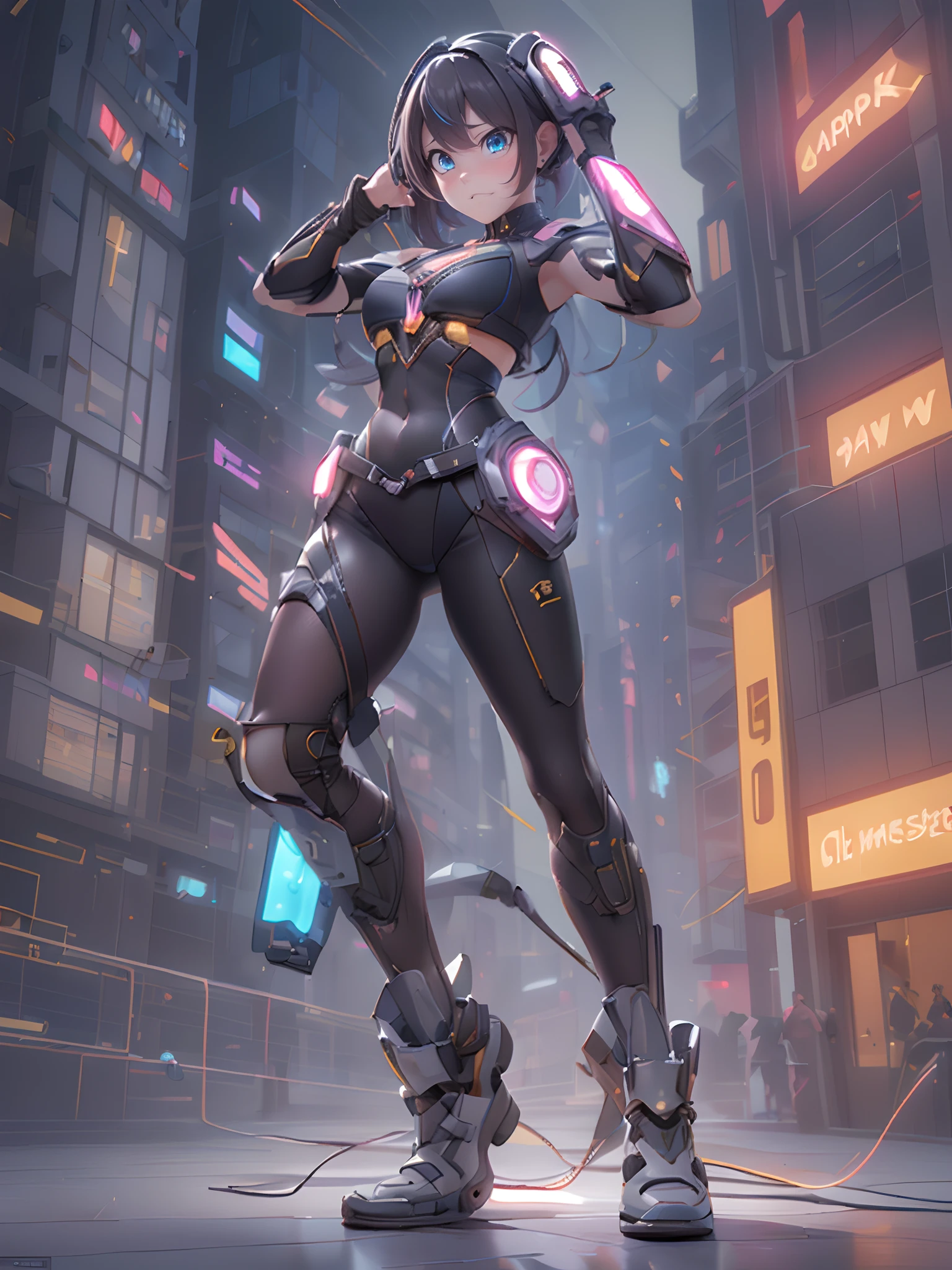 (Dynamic Angle:1.4), ((Full body posing:1.5), (Colorful:1.2), (Highly detailed CG Unity 16K wallpaper:1.1), (Denoising strength: 1.45), (tmasterpiece:1.37), ((Official art)), of the highest quality, (Realistic), Cyber Girl, 2 head body,Deformed Character,cute expression, (Short-cut hair:1.2),(Black Cyberware:1.5),Black hair,Glowing eyes,(blue eyess:1.2),((Poses in motion:1.4)),((large plumage:1.3)),wires, (LED:1.3), (a hologram:1.2), futuristic city street, Neon light, Skyscrapers, (Night:1.2), (Rainbow Model:1.2), 8K resolution, (Anime style:1.3), Cinematic lighting, chromatic abberation, spark of light, Ray tracing, blending, ultra wide-angle,  Hasselblad, (masutepiece), (masutepiece), ((Best Quality)), ((masutepiece)), nffsw