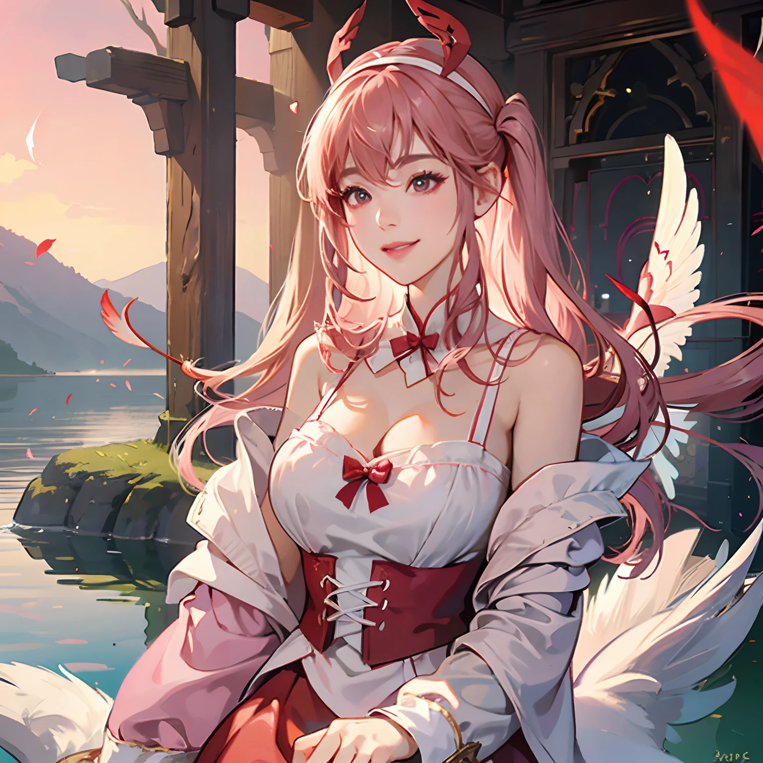 Women in Their 20s、fantasy worlds、offcial art, unity 8k wall paper, ultra-detailliert, beautifly、Aesthetic, ​masterpiece, top-quality, Photorealsitic、A hyper-realistic、Beautuful Women、detailed costume、depth of fields, Fantastic atmosphere, Calm palette, tranquil mood, Soft shading、Soft skin、Huge breasts、very large breast、plump figure、cleavage of the breast、Mischievous smile、a female angel、Cupid the Woman、Dark pink outfit、short flared skirt、Light pink hair、Twin-tailed、Red ribbons、the presence of swan feathers on the back,,,,,,,:1.6、Bow and arrow with heart symbol:2.0、Red heart-shaped arrowhead:2.0、Floating in the sky、Marble Temple、lake in the middle of a forest、Red bow and arrow、White headdress、bow and arrow、the presence of wings on the back、Stone ruins、Castles、Heart symbols are lined up、Floating heart symbol、Flock of swans