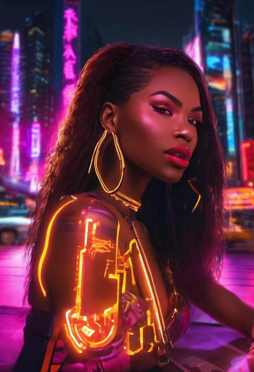 (african american,elegant,bold,confident,beautiful,long hair,curves:1.1,detailed eyes,full lips:1.1),glamorous,high fashion,stylish,striking poses,fierce attitude,(vibrant colors,hot pink:1.1,neon lights:1.1),dramatic shadows,edgy makeup,stage presence,(professional,studio lighting:1.1,ultra-detailed:1.1),dynamic composition,strong facial expressions,showstopping,celebrity vibes,sexy attire,attention-grabbing,empowered,energetic movements,music video vibes,queen-like aura